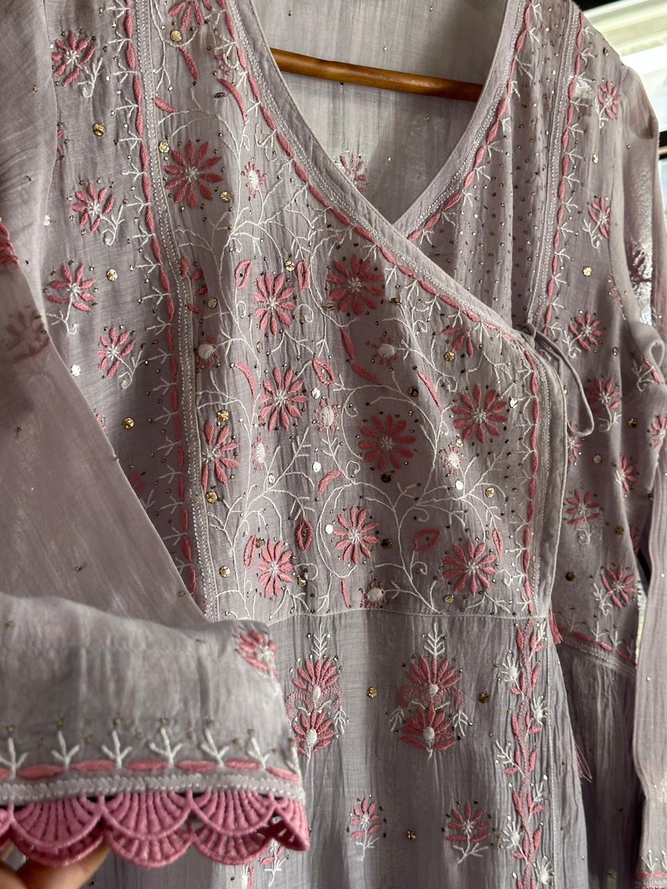 Dusty Grey Shade Malmal Mukaish Kamdani Chikankari Stitched Angarkha