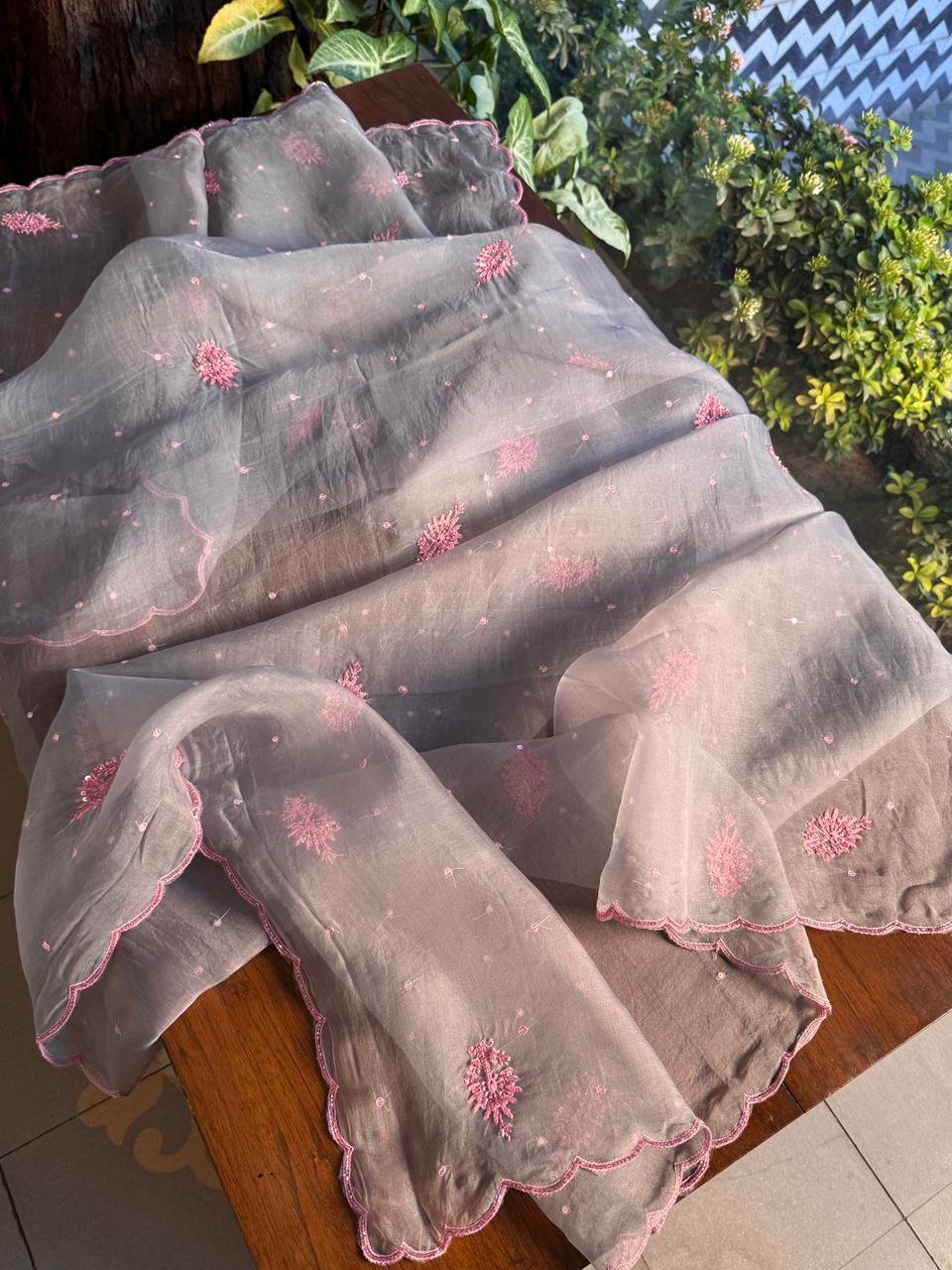 Dusty Grey Shade Noor Organza Silk Chikankari Unstitched Fabric