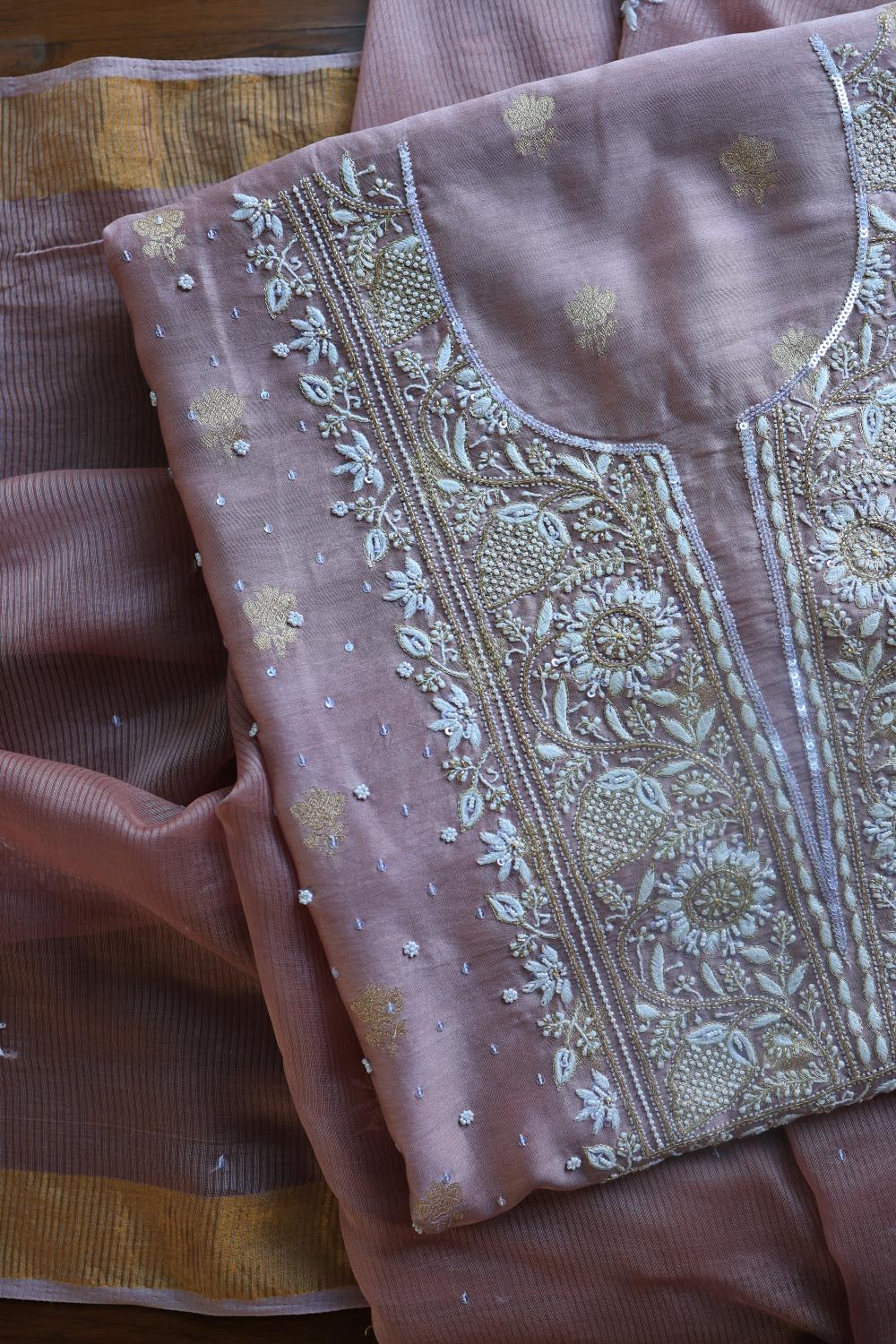 Dusty Lavender Banarasi Zari Chanderi Unstitched Chikankari Fabric