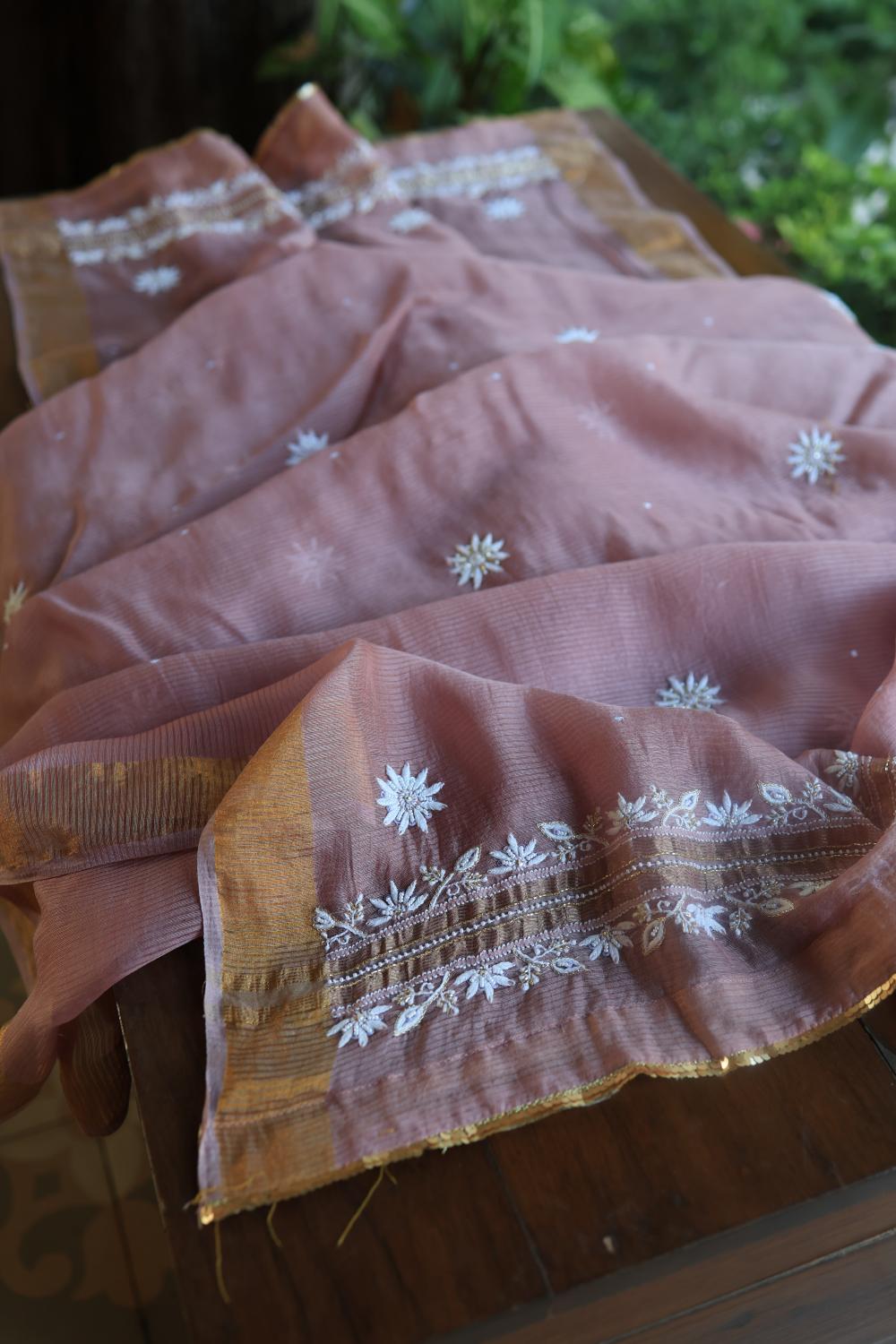 Dusty Lavender Banarasi Zari Chanderi Unstitched Chikankari Fabric