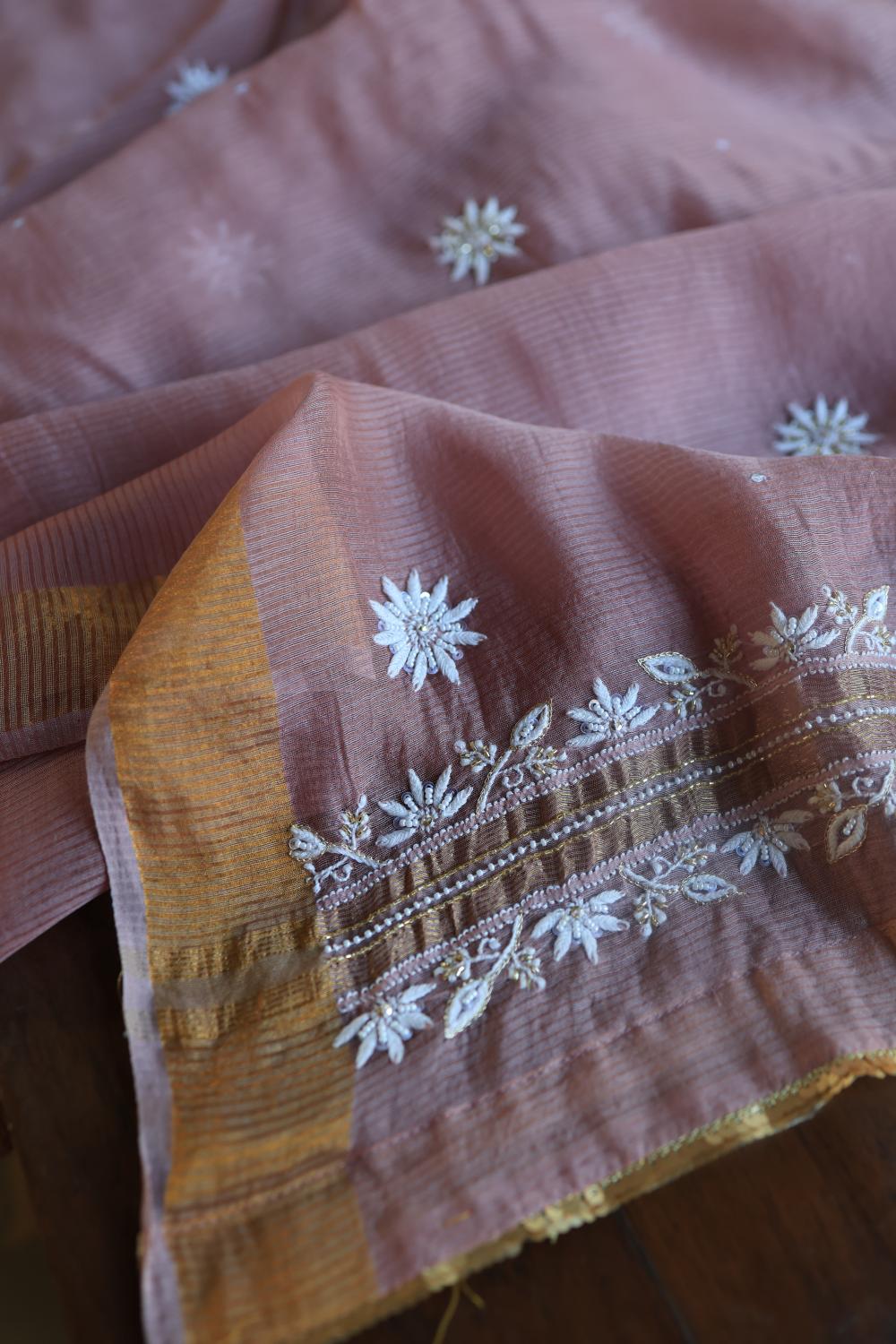 Dusty Lavender Banarasi Zari Chanderi Unstitched Chikankari Fabric
