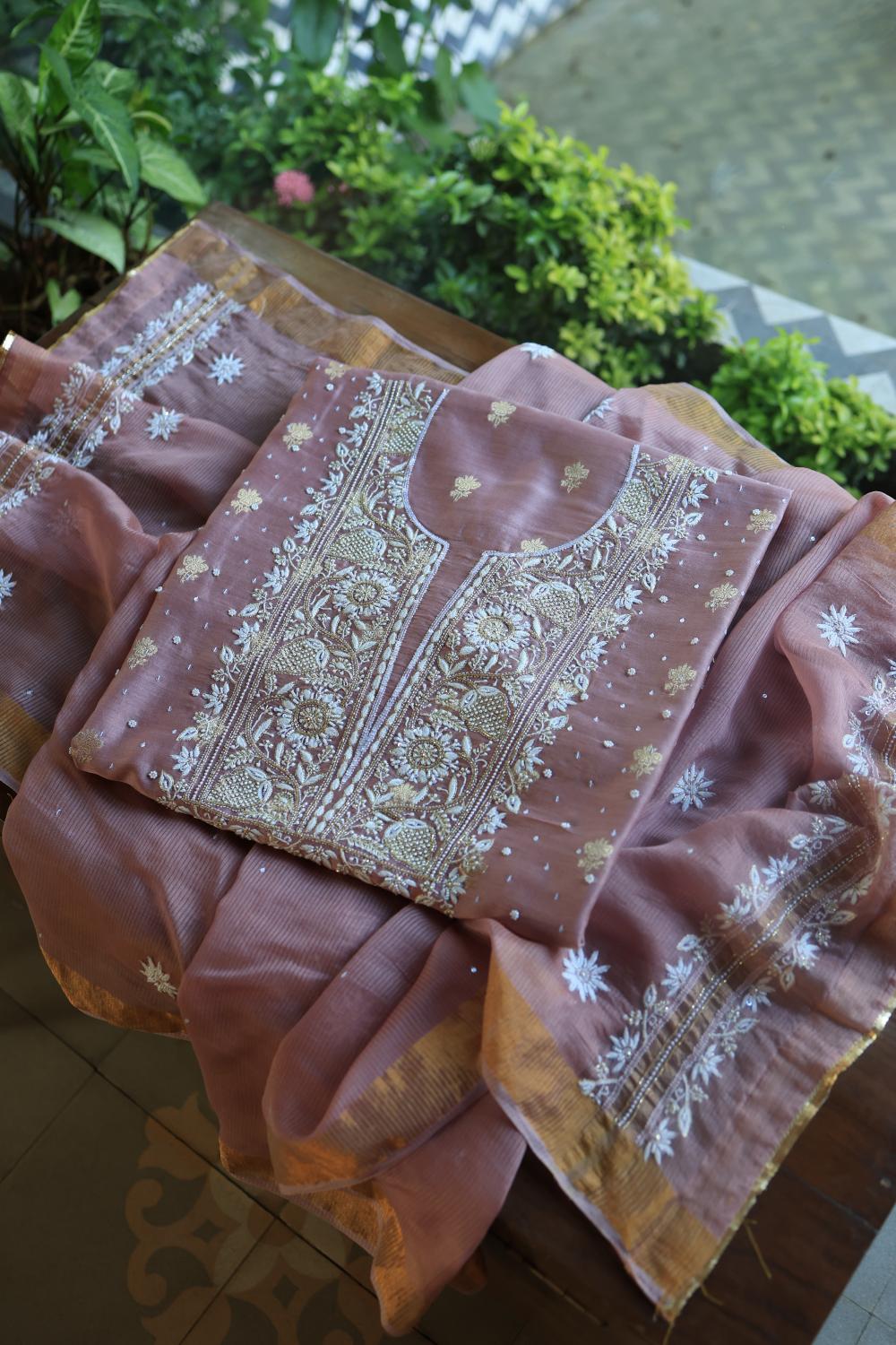 Dusty Lavender Banarasi Zari Chanderi Unstitched Chikankari Fabric