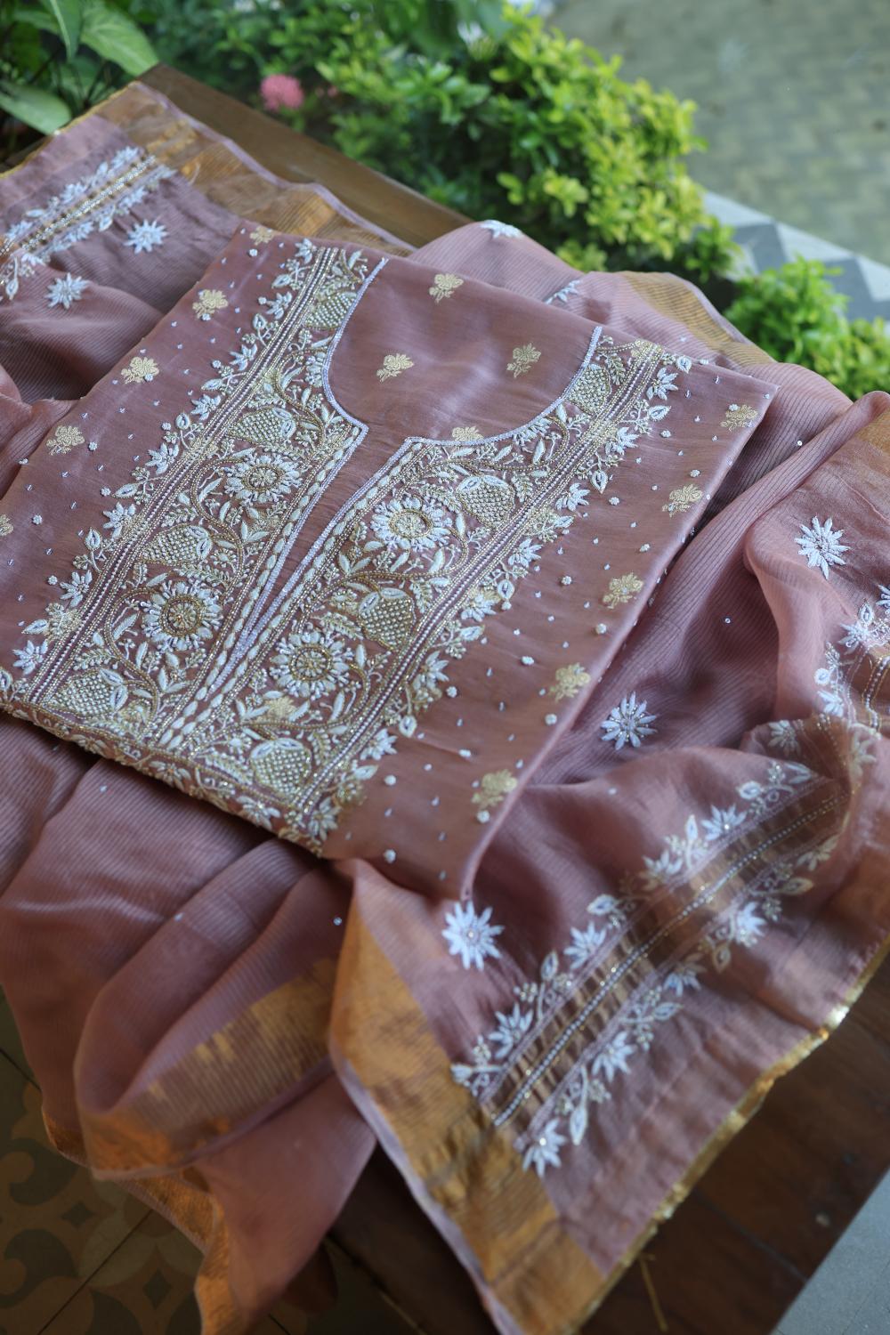 Dusty Lavender Banarasi Zari Chanderi Unstitched Chikankari Fabric
