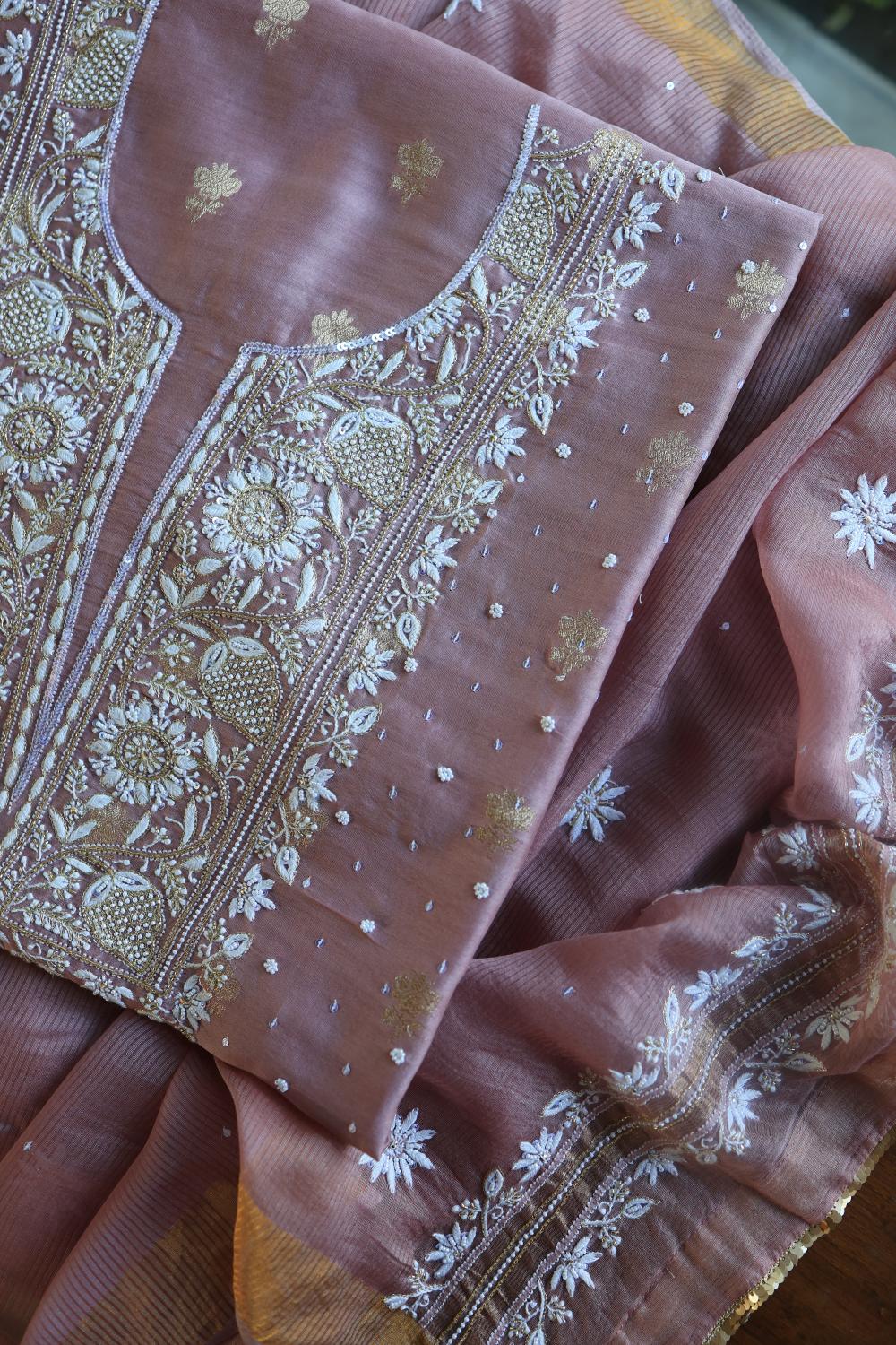 Dusty Lavender Banarasi Zari Chanderi Unstitched Chikankari Fabric