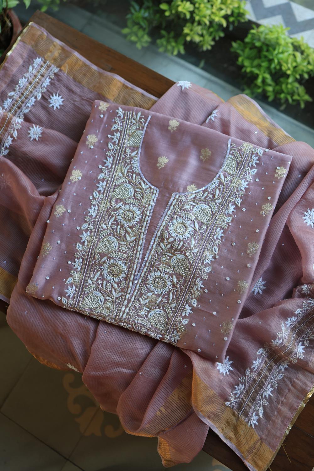 Dusty Lavender Banarasi Zari Chanderi Unstitched Chikankari Fabric