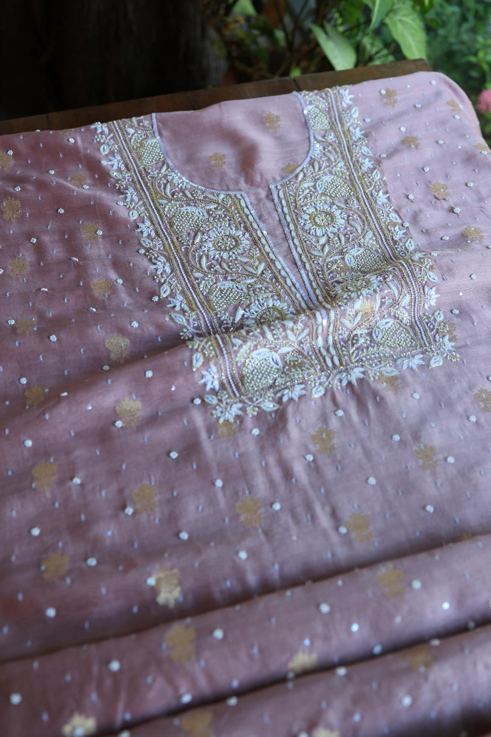 Dusty Lavender Banarasi Zari Chanderi Unstitched Chikankari Fabric