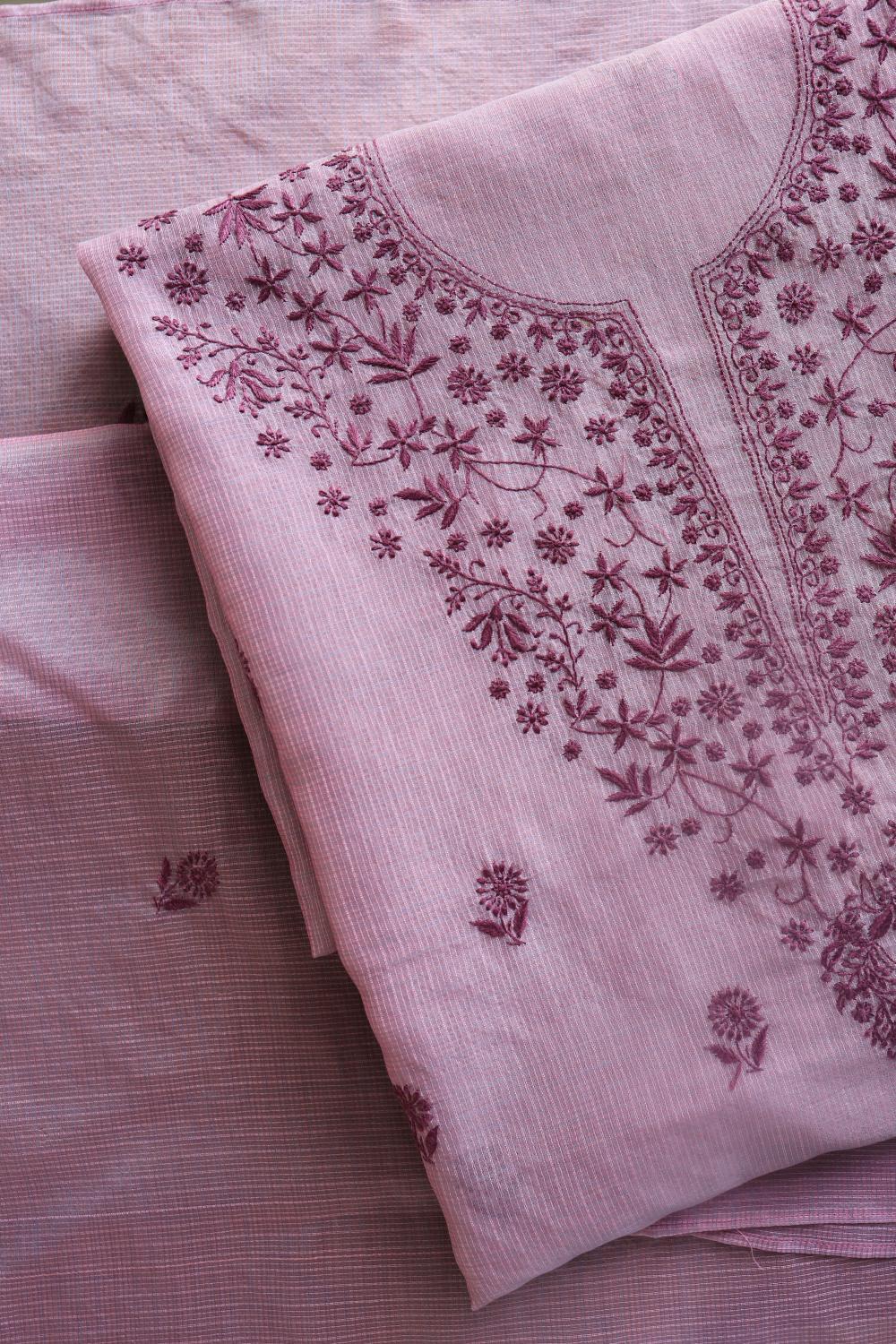 Dusty Lavender Kota Chikankari Unstitched Fabric