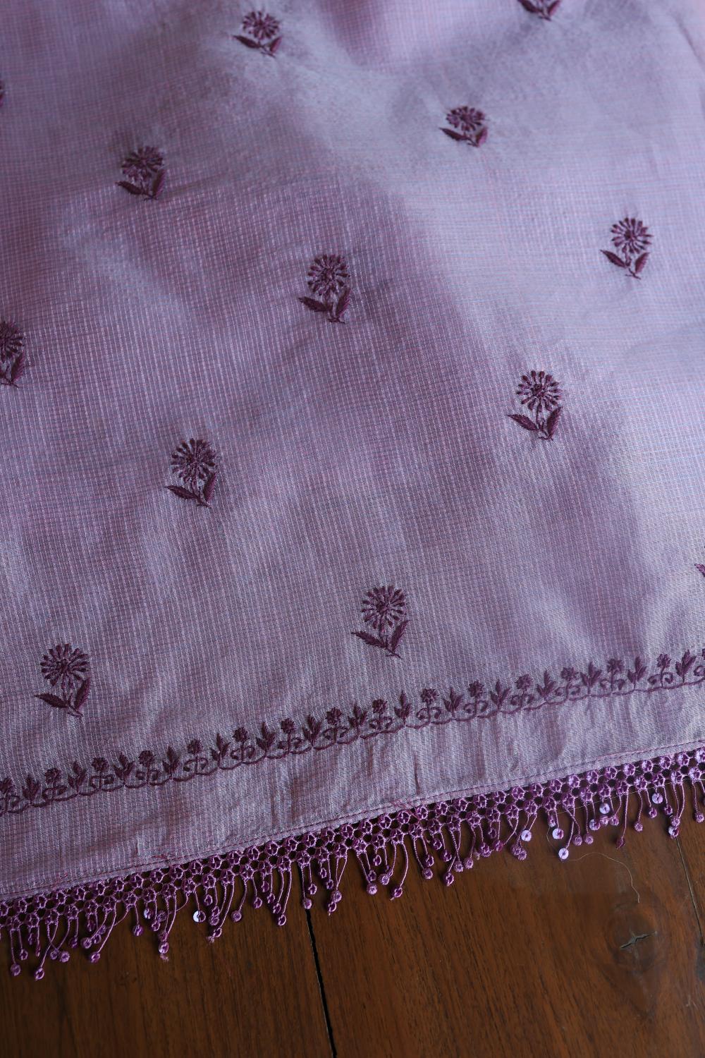 Dusty Lavender Kota Chikankari Unstitched Fabric