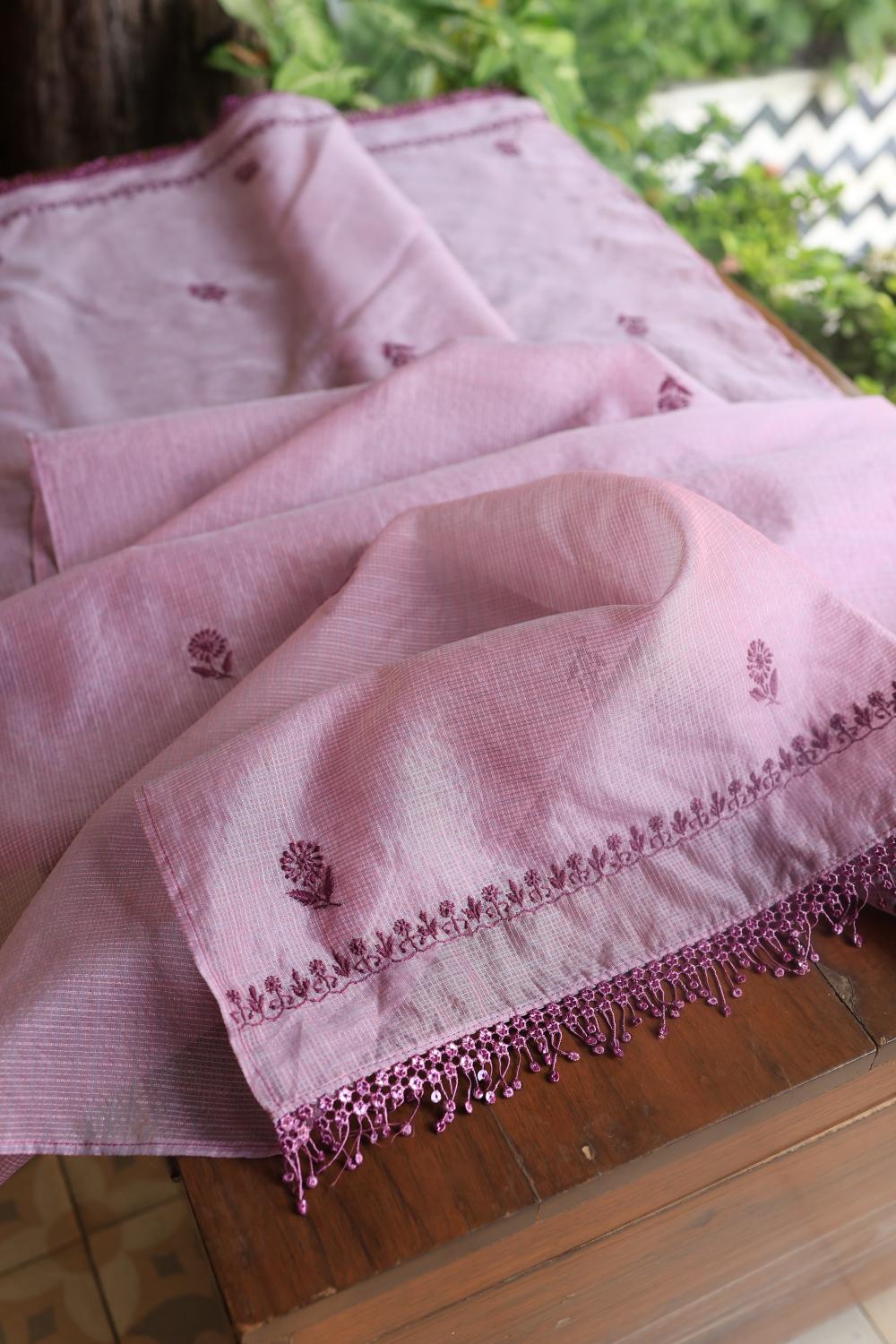 Dusty Lavender Kota Chikankari Unstitched Fabric