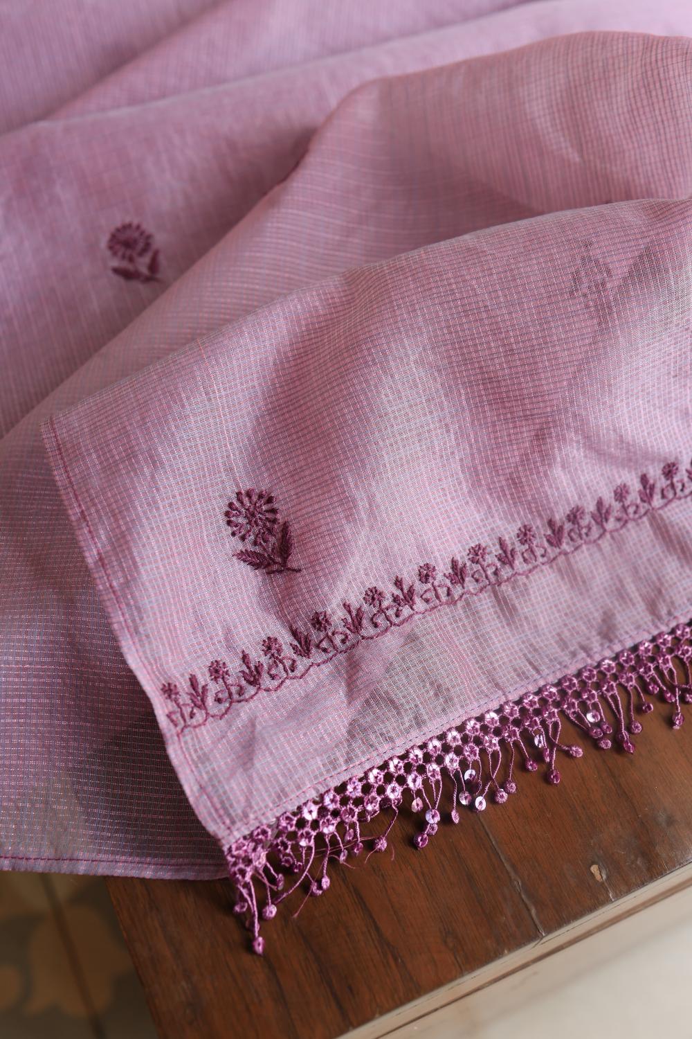 Dusty Lavender Kota Chikankari Unstitched Fabric