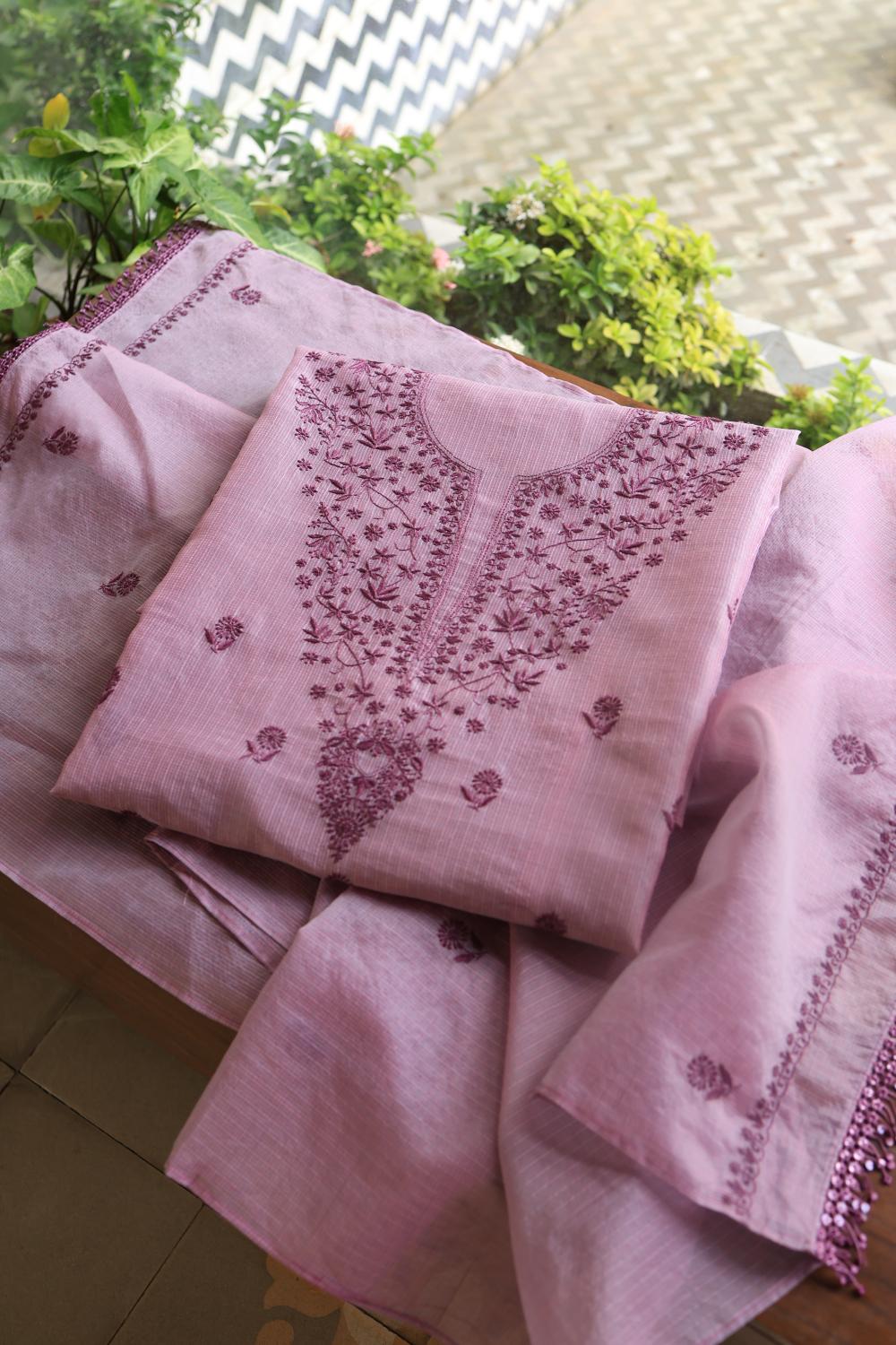 Dusty Lavender Kota Chikankari Unstitched Fabric