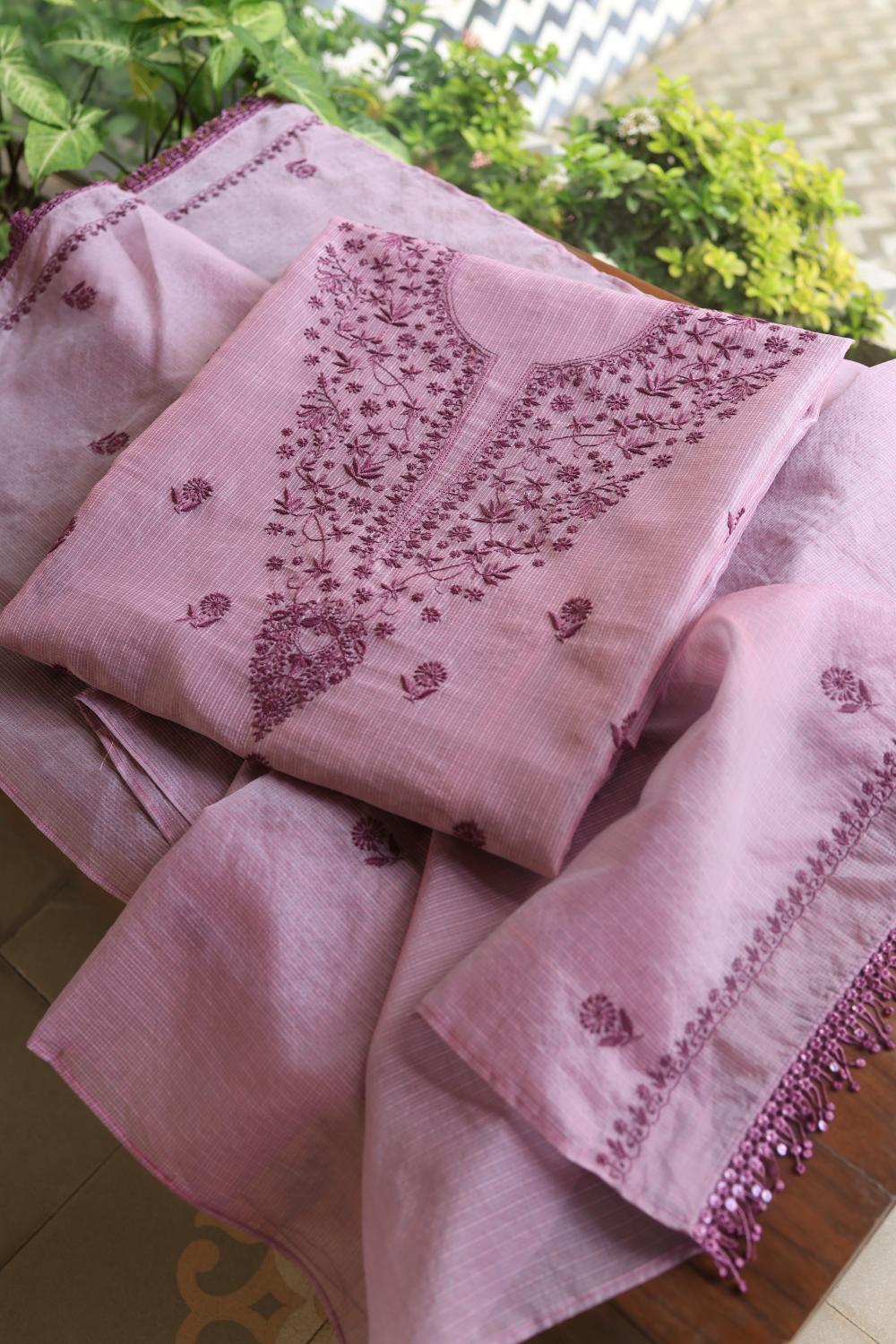 Dusty Lavender Kota Chikankari Unstitched Fabric