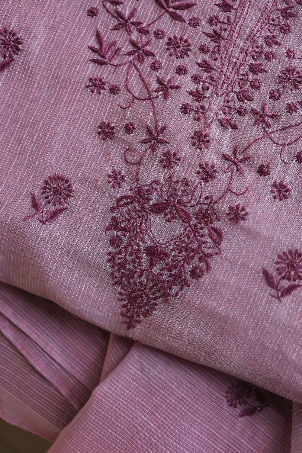 Dusty Lavender Kota Chikankari Unstitched Fabric