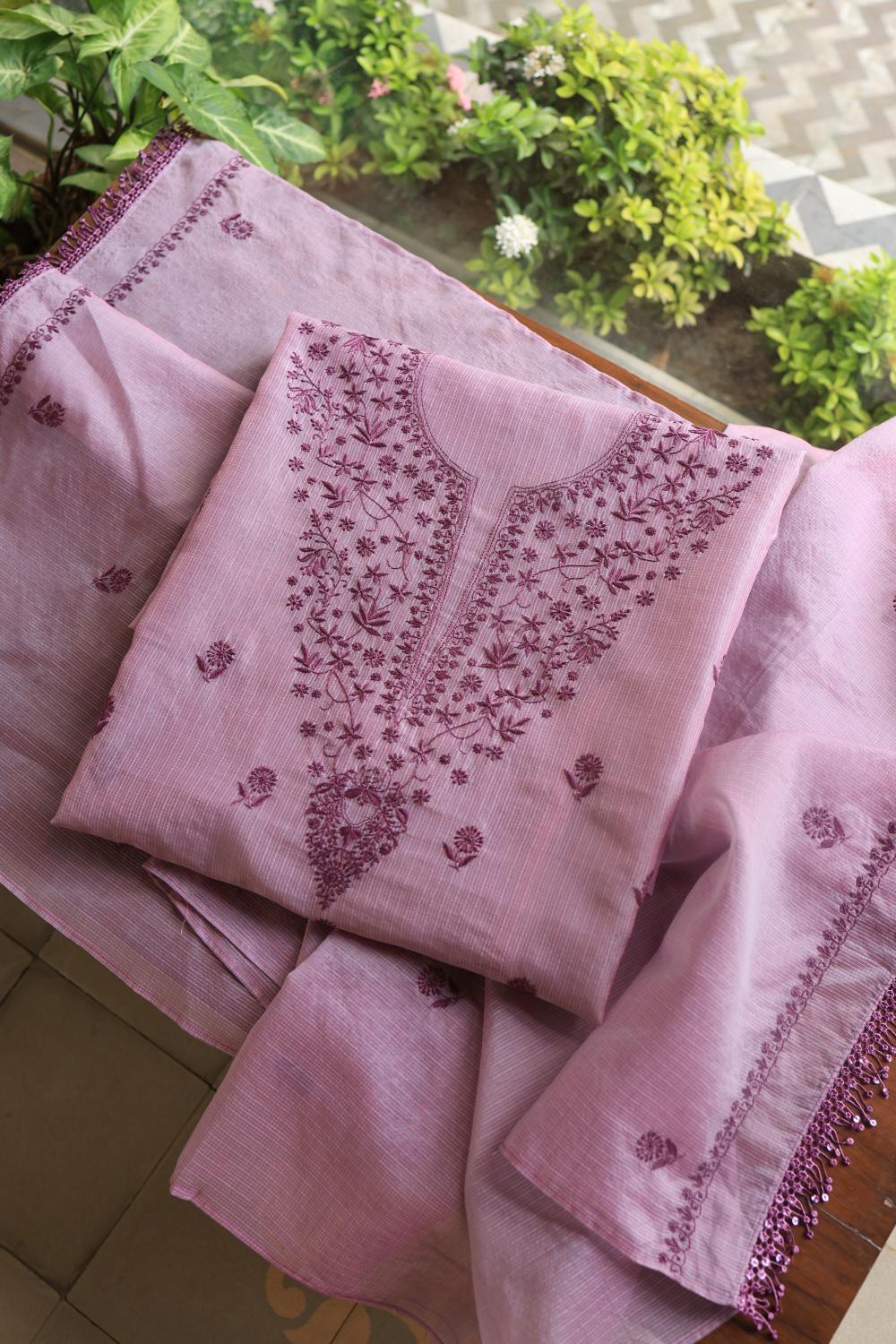 Dusty Lavender Kota Chikankari Unstitched Fabric