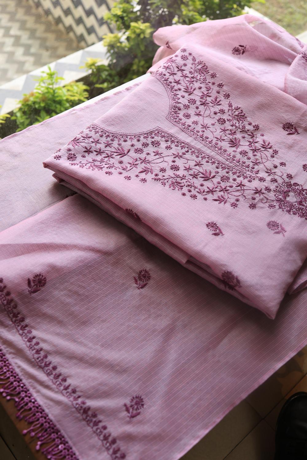 Dusty Lavender Kota Chikankari Unstitched Fabric