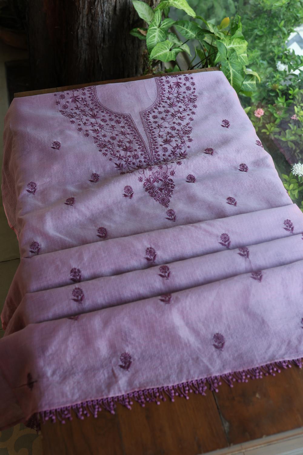 Dusty Lavender Kota Chikankari Unstitched Fabric