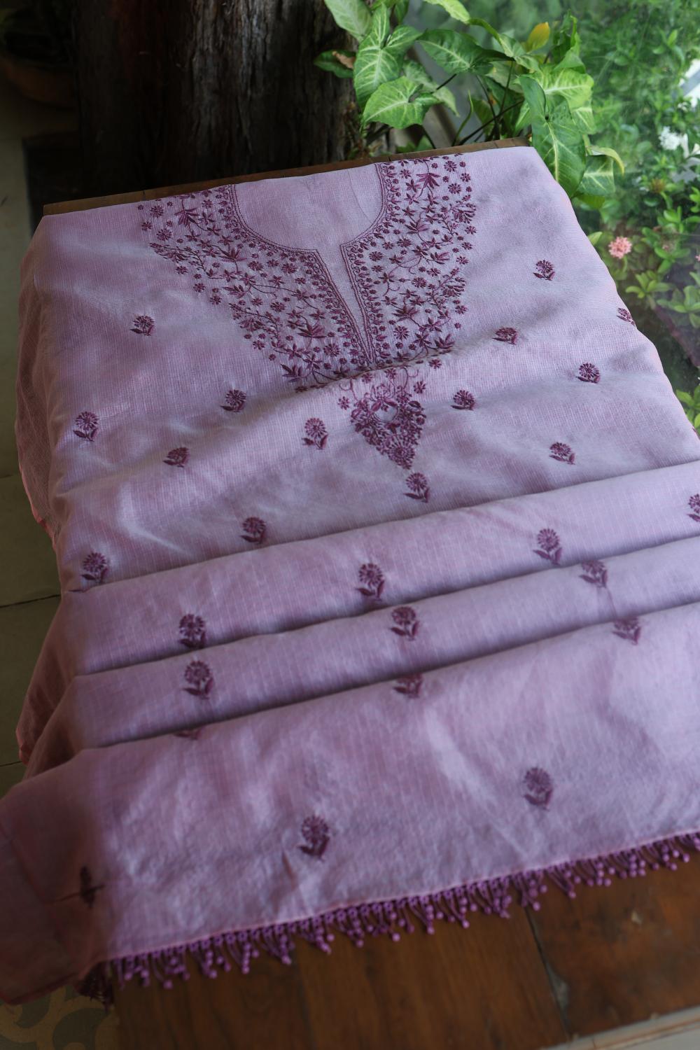 Dusty Lavender Kota Chikankari Unstitched Fabric