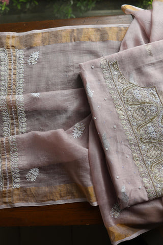 Dusty Lavender Shade Banarasi Zari Chanderi Unstitched Chikankari Fabric
