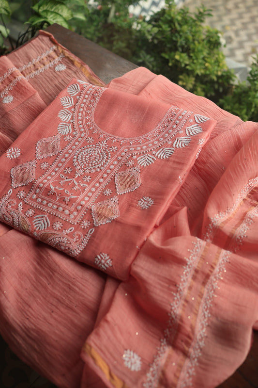 Dusty Peach Mal Cotton Chikankari Unstitched Kurta Dupatta Fabrics With Kamdani