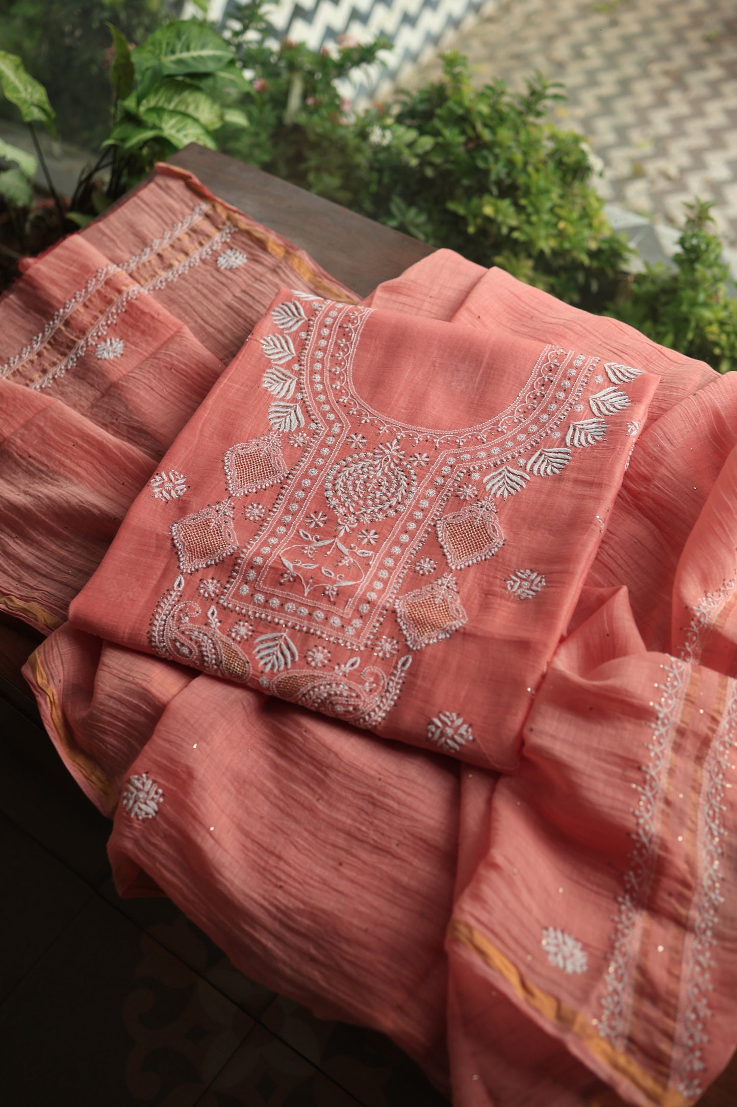 Dusty Peach Mal Cotton Chikankari Unstitched Kurta Dupatta Fabrics With Kamdani