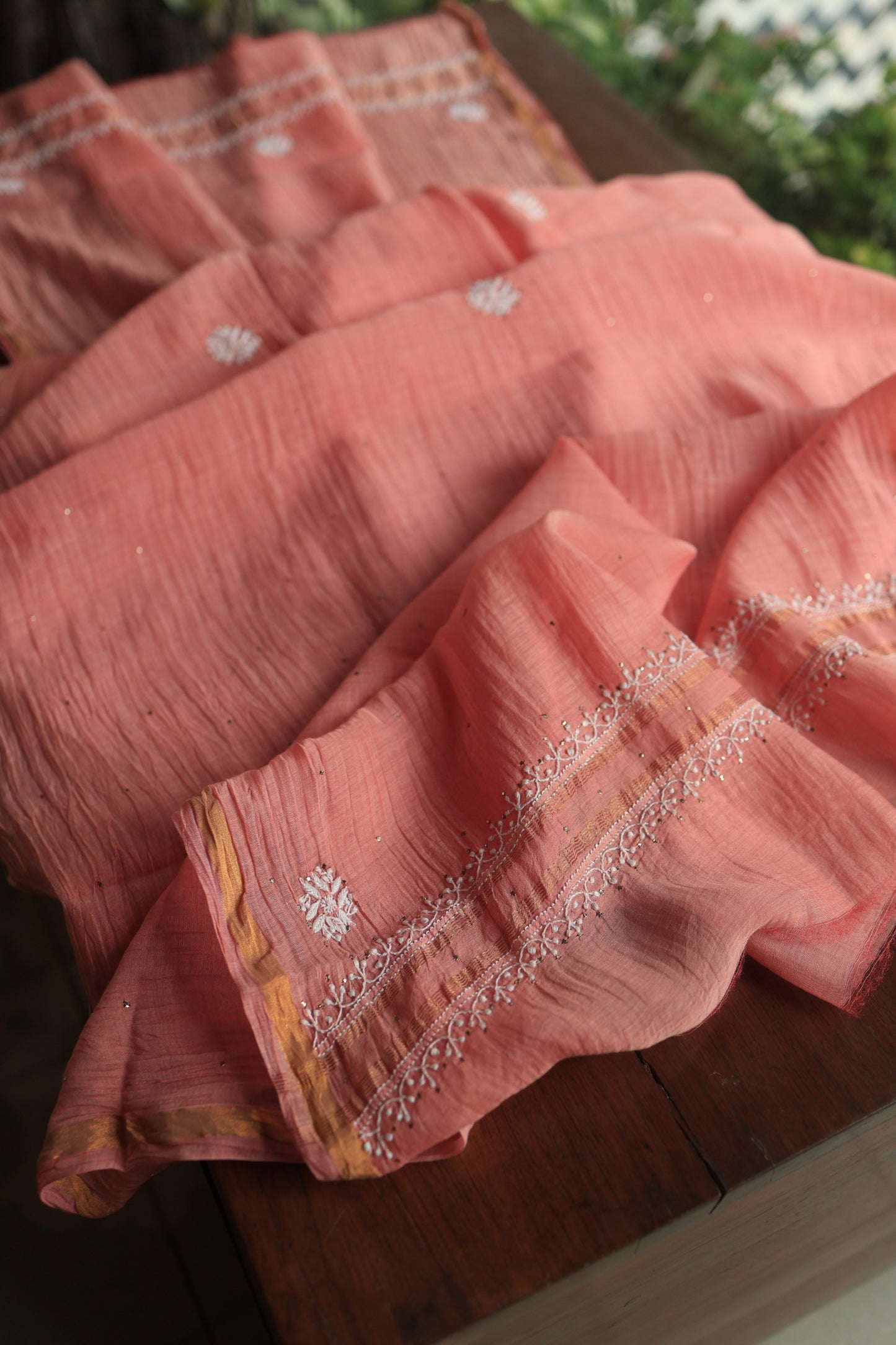 Dusty Peach Mal Cotton Chikankari Unstitched Kurta Dupatta Fabrics With Kamdani