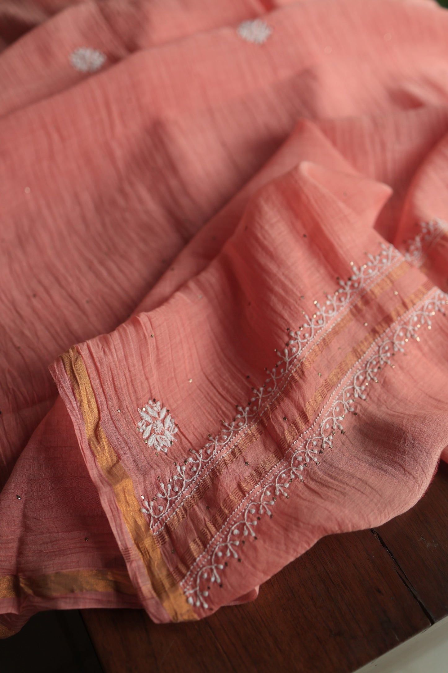 Dusty Peach Mal Cotton Chikankari Unstitched Kurta Dupatta Fabrics With Kamdani