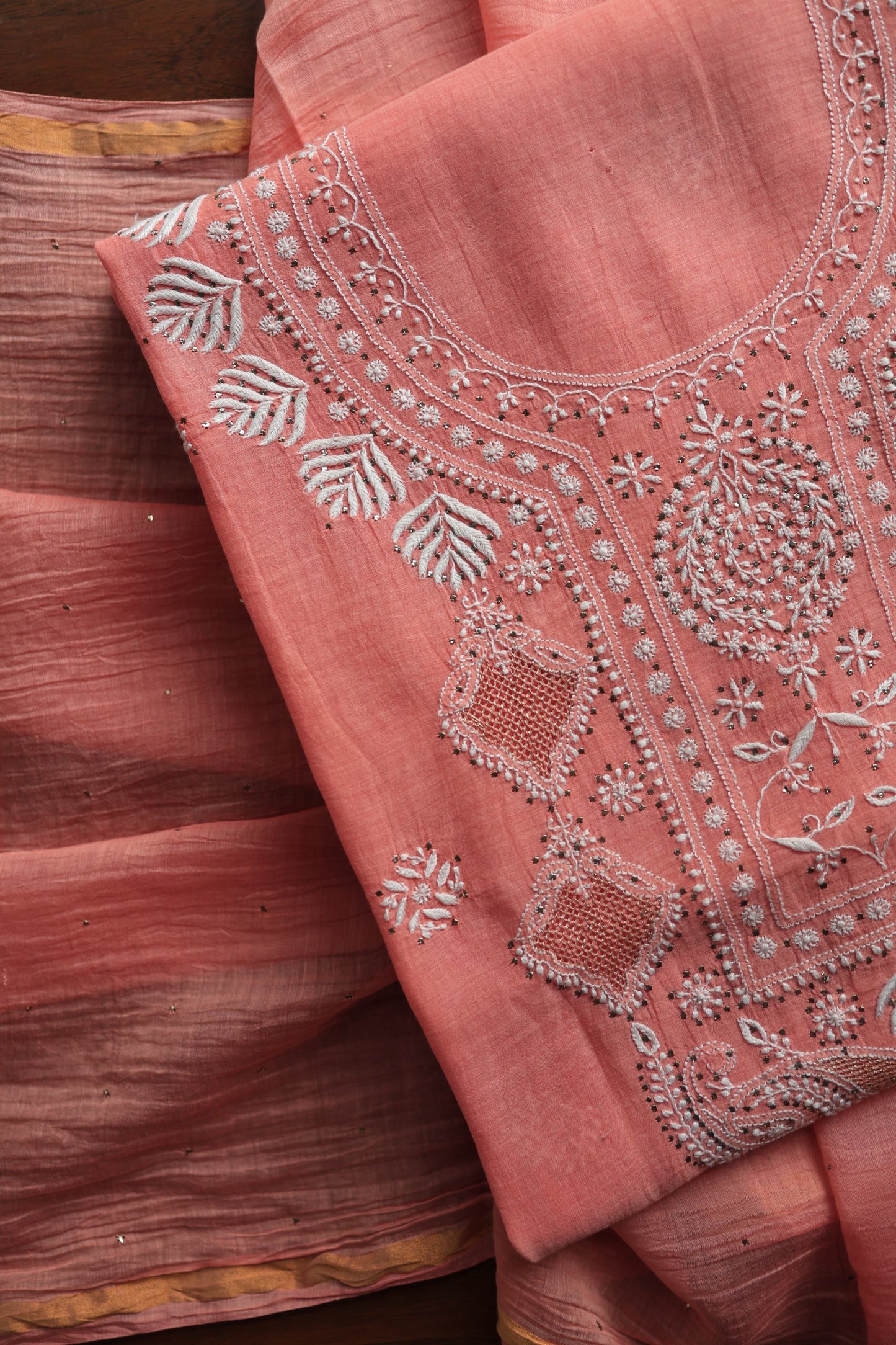 Dusty Peach Mal Cotton Chikankari Unstitched Kurta Dupatta Fabrics With Kamdani