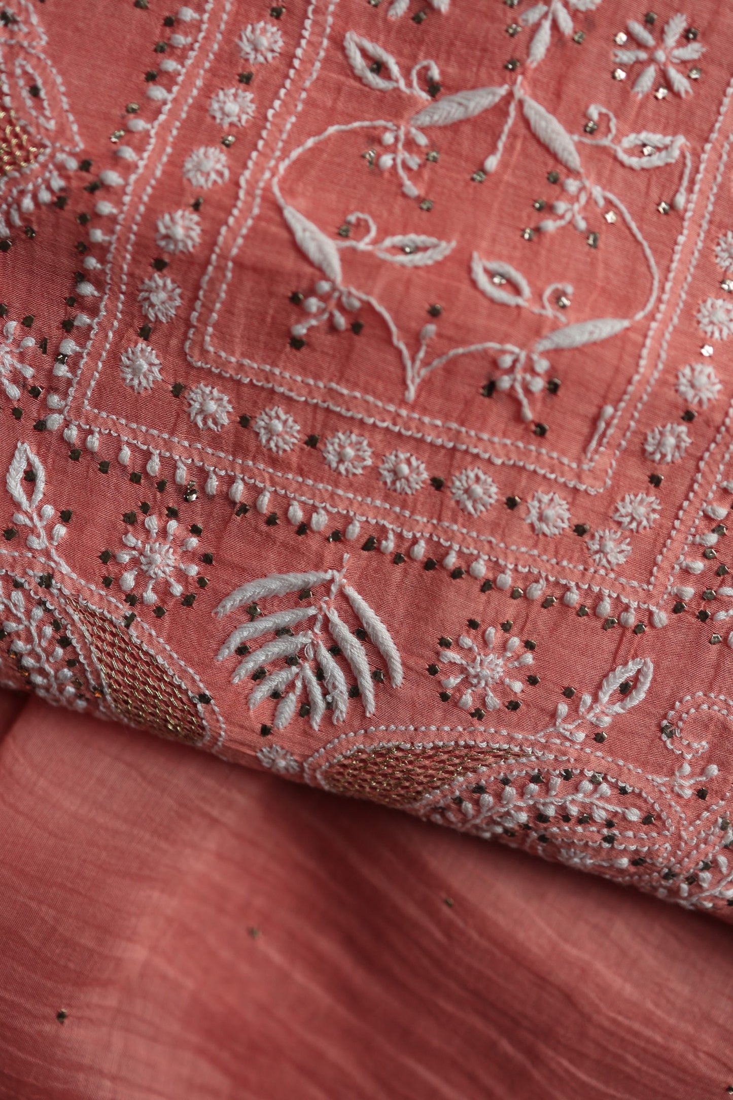 Dusty Peach Mal Cotton Chikankari Unstitched Kurta Dupatta Fabrics With Kamdani