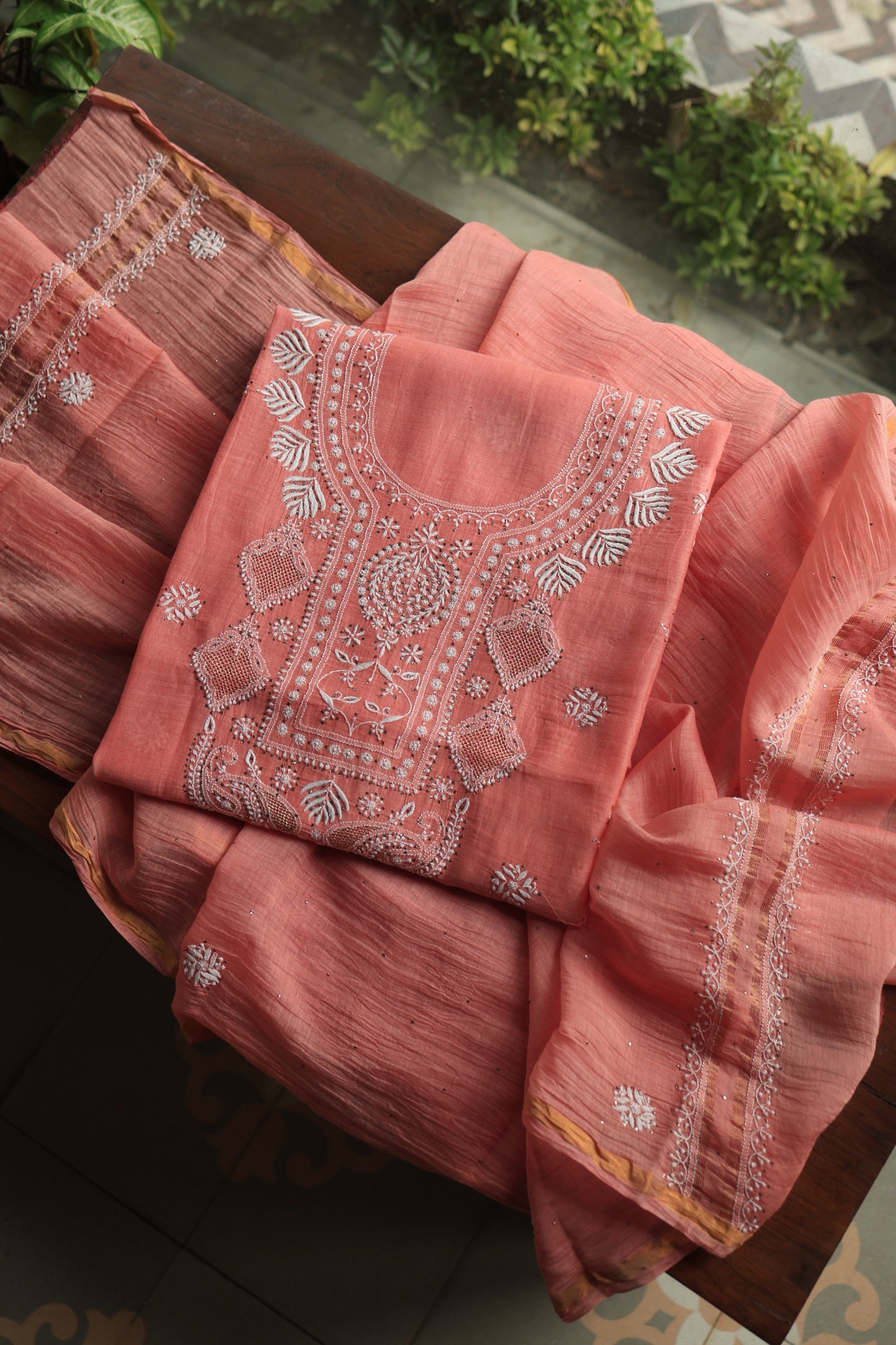 Dusty Peach Mal Cotton Chikankari Unstitched Kurta Dupatta Fabrics With Kamdani