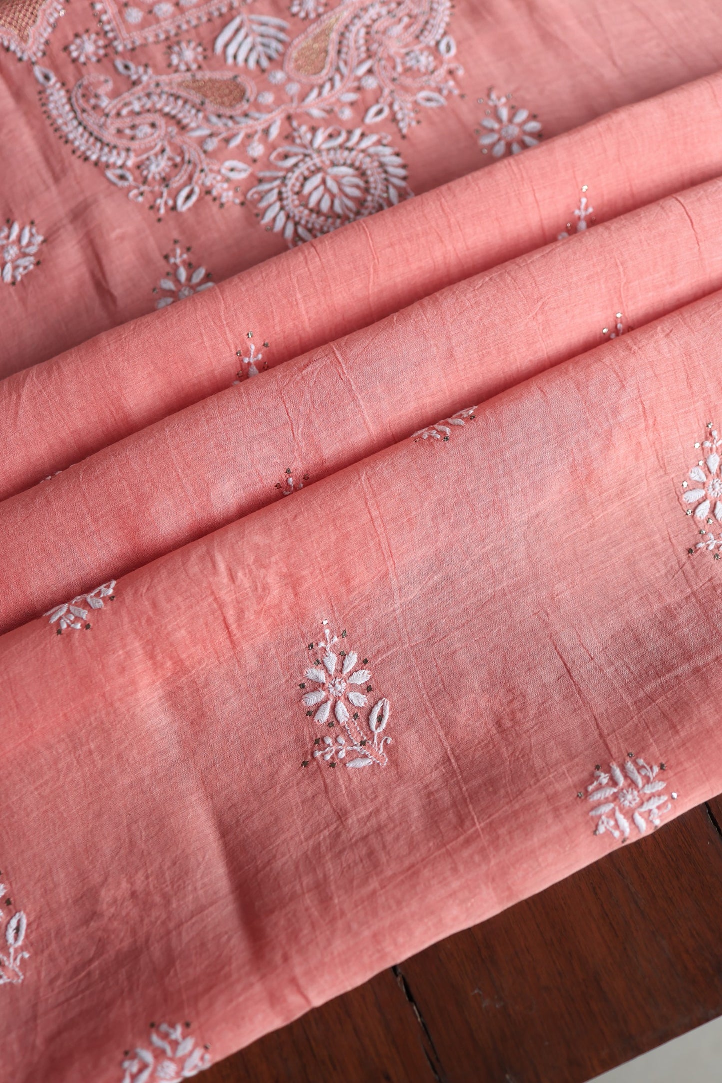 Dusty Peach Mal Cotton Chikankari Unstitched Kurta Dupatta Fabrics With Kamdani
