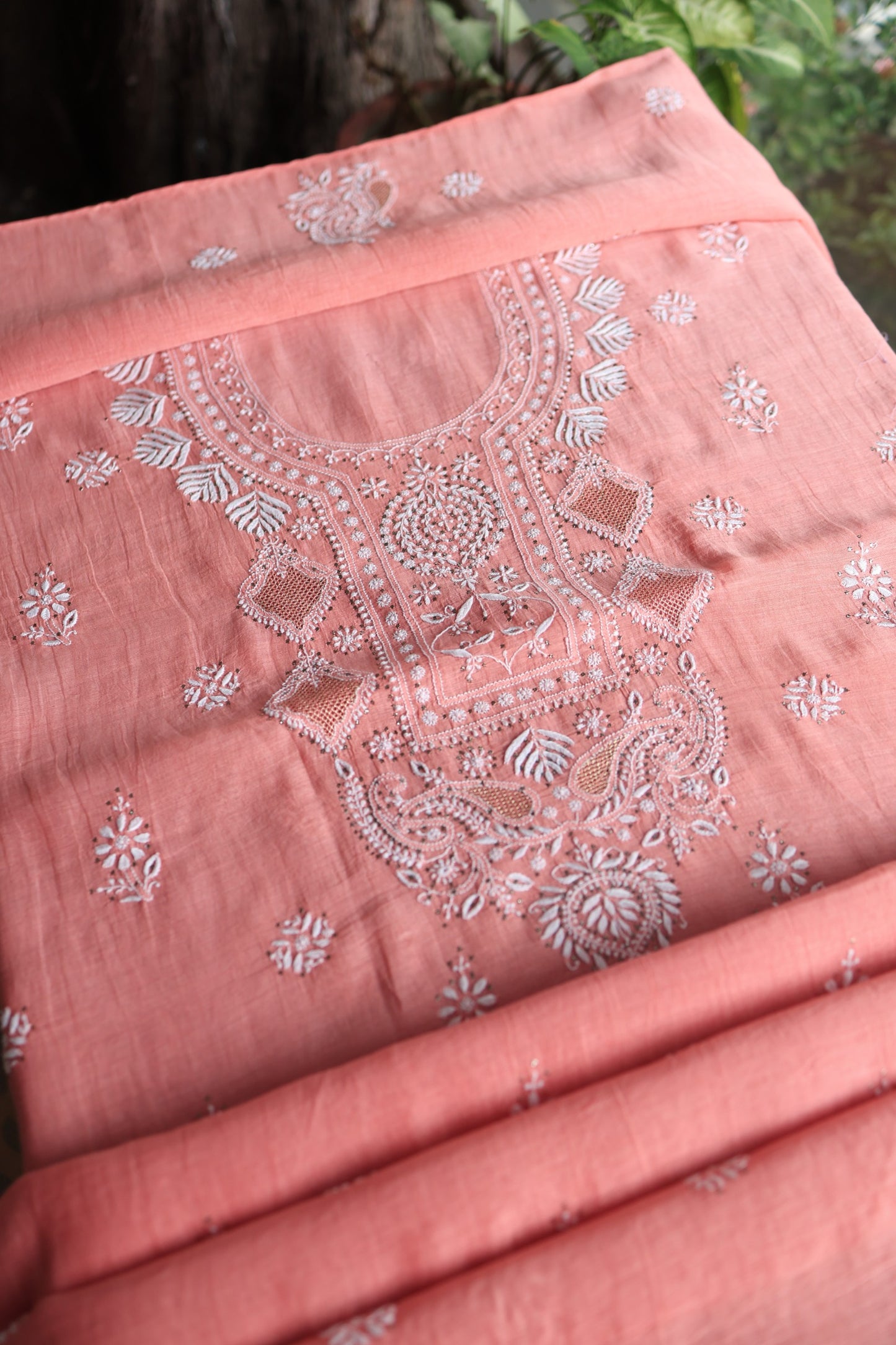 Dusty Peach Mal Cotton Chikankari Unstitched Kurta Dupatta Fabrics With Kamdani