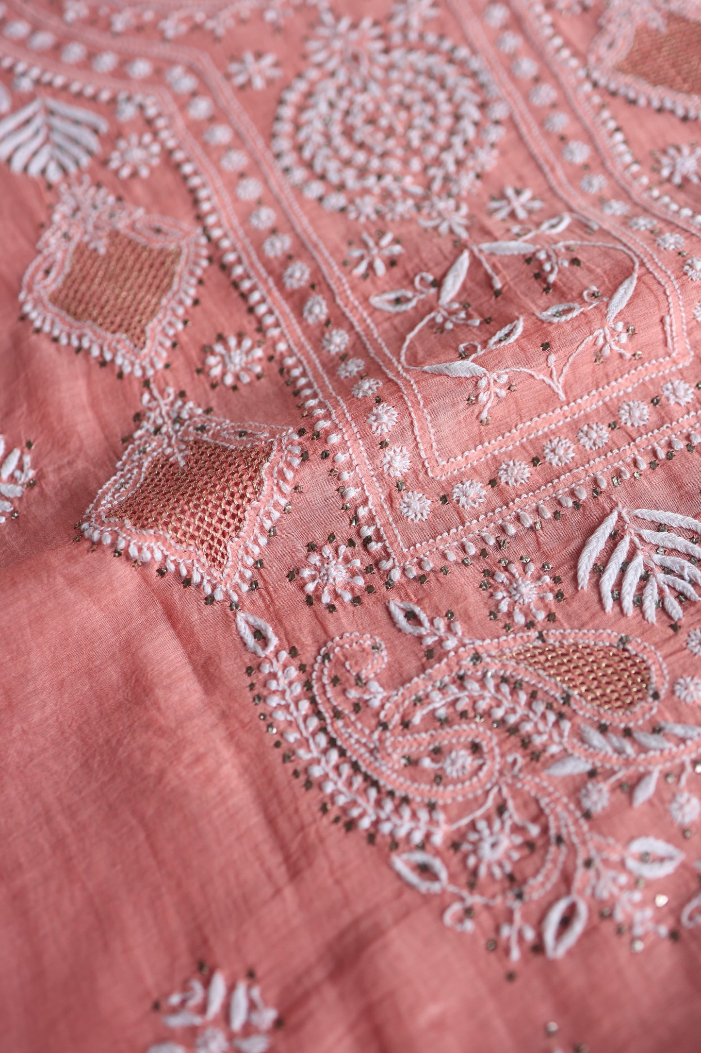 Dusty Peach Mal Cotton Chikankari Unstitched Kurta Dupatta Fabrics With Kamdani