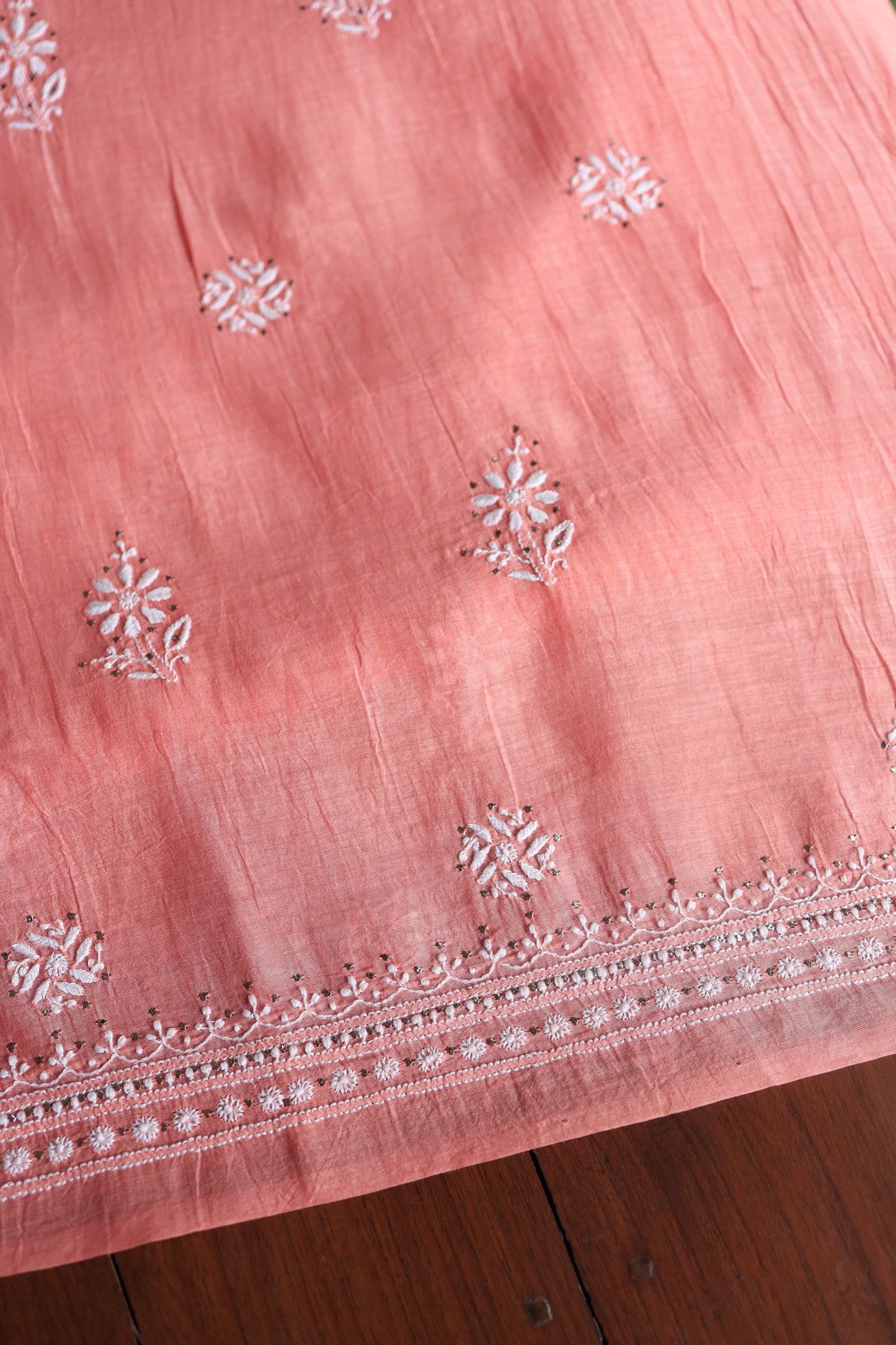 Dusty Peach Mal Cotton Chikankari Unstitched Kurta Dupatta Fabrics With Kamdani