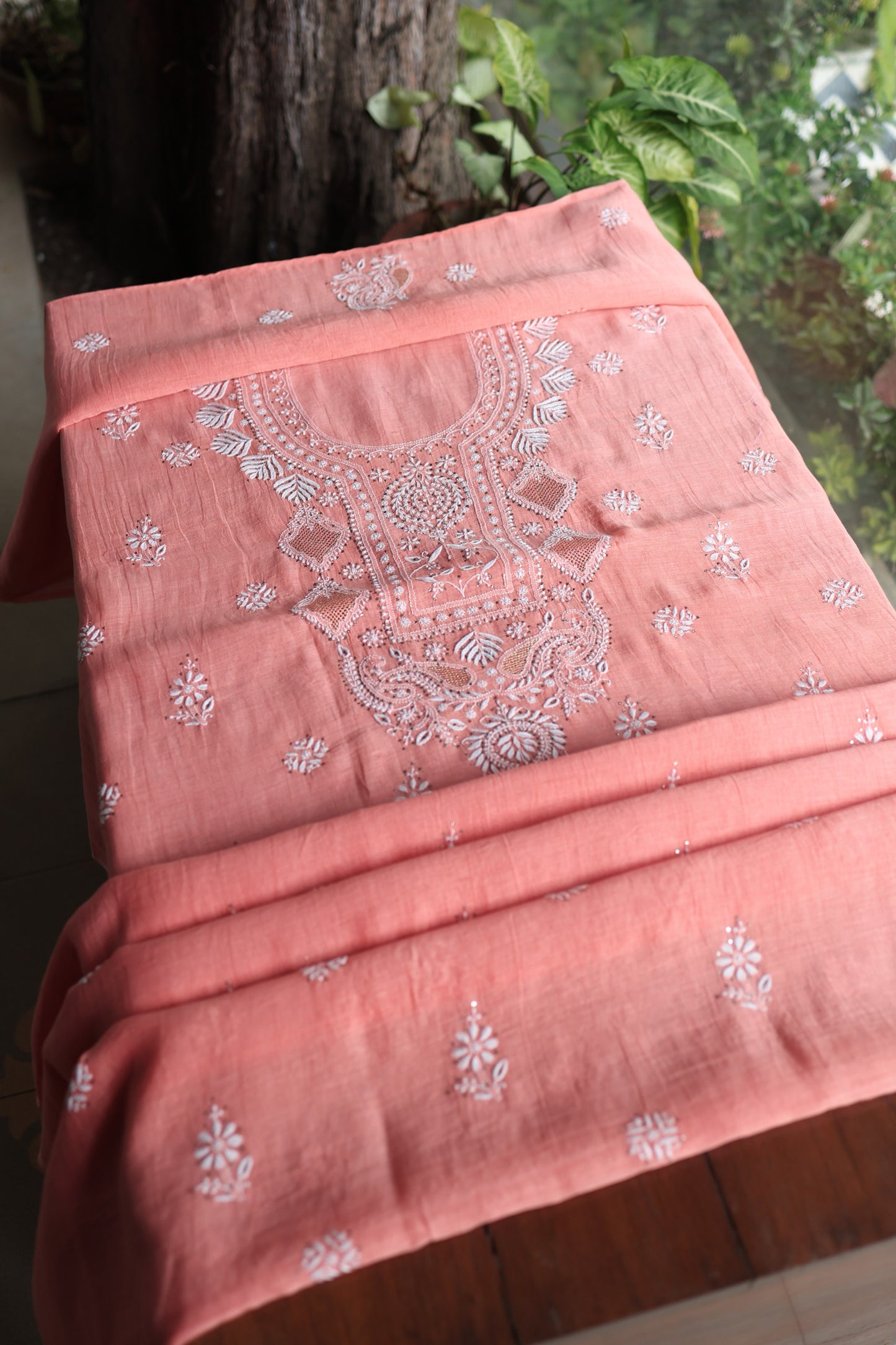 Dusty Peach Mal Cotton Chikankari Unstitched Kurta Dupatta Fabrics With Kamdani