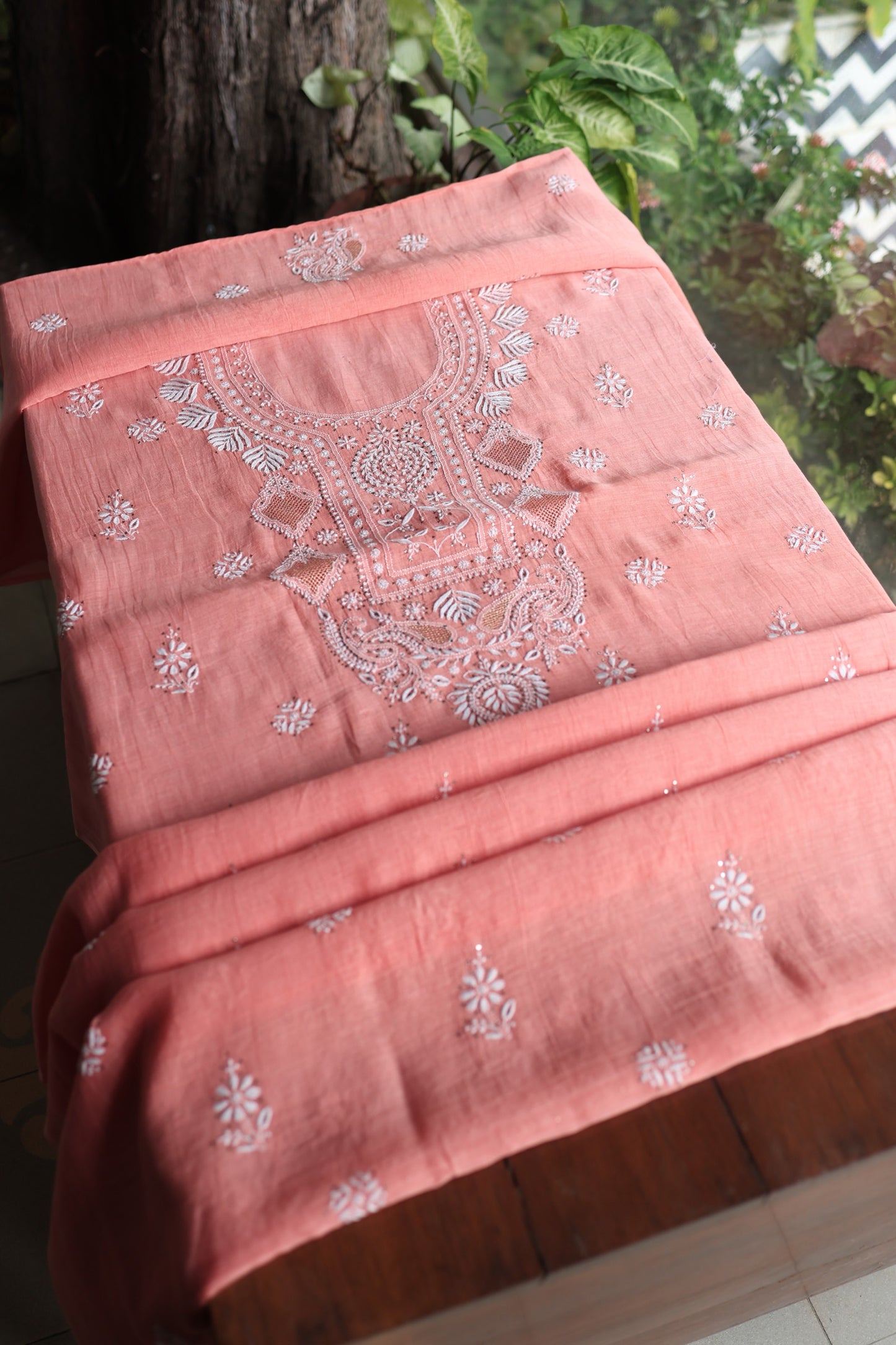 Dusty Peach Mal Cotton Chikankari Unstitched Kurta Dupatta Fabrics With Kamdani