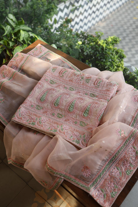 Dusty Peach Shade Noor Banarasi Organza Chikankari Unstitched Fabric