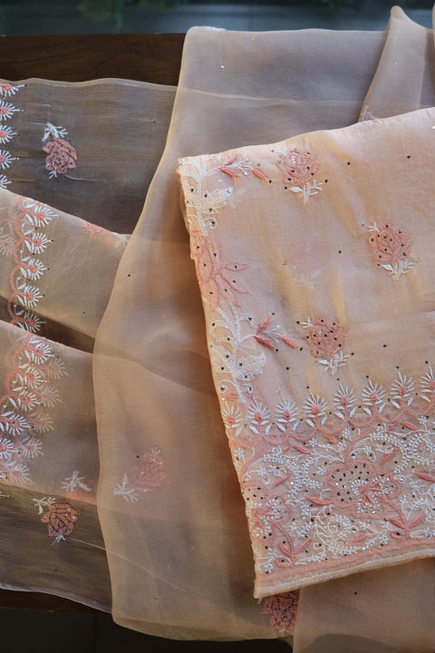 Dusty Peach Shade Organza Silk Chikankari Unstitched Fabric