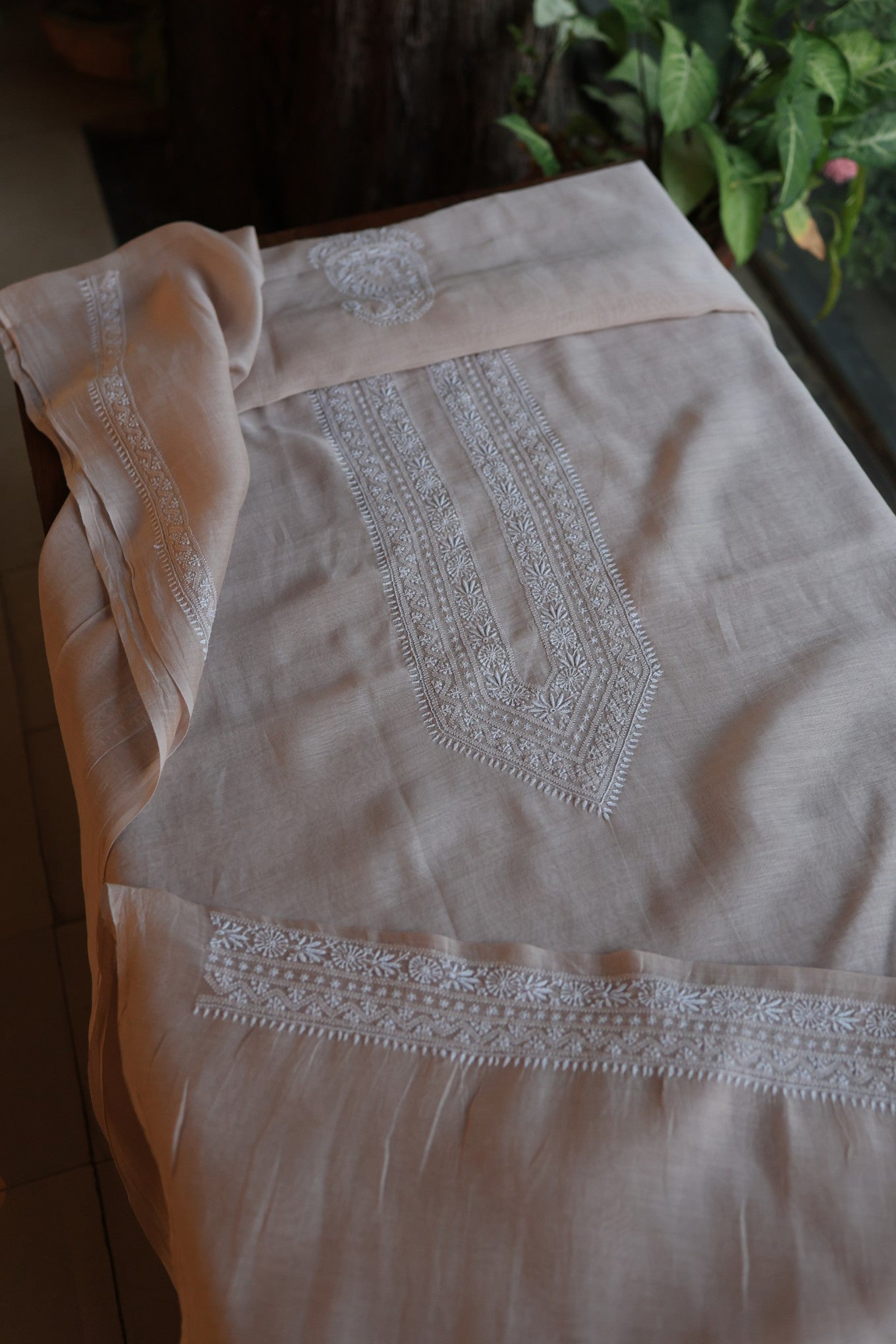 Dusty Pink Mulmul Chikankari Unstitched Men's Kurtas Fabric