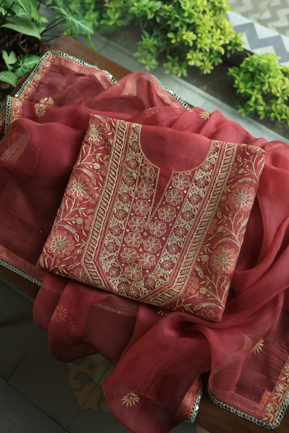 Dusty Red Noor Organza Silk Chikankari Unstitched Kurta Dupatta Set