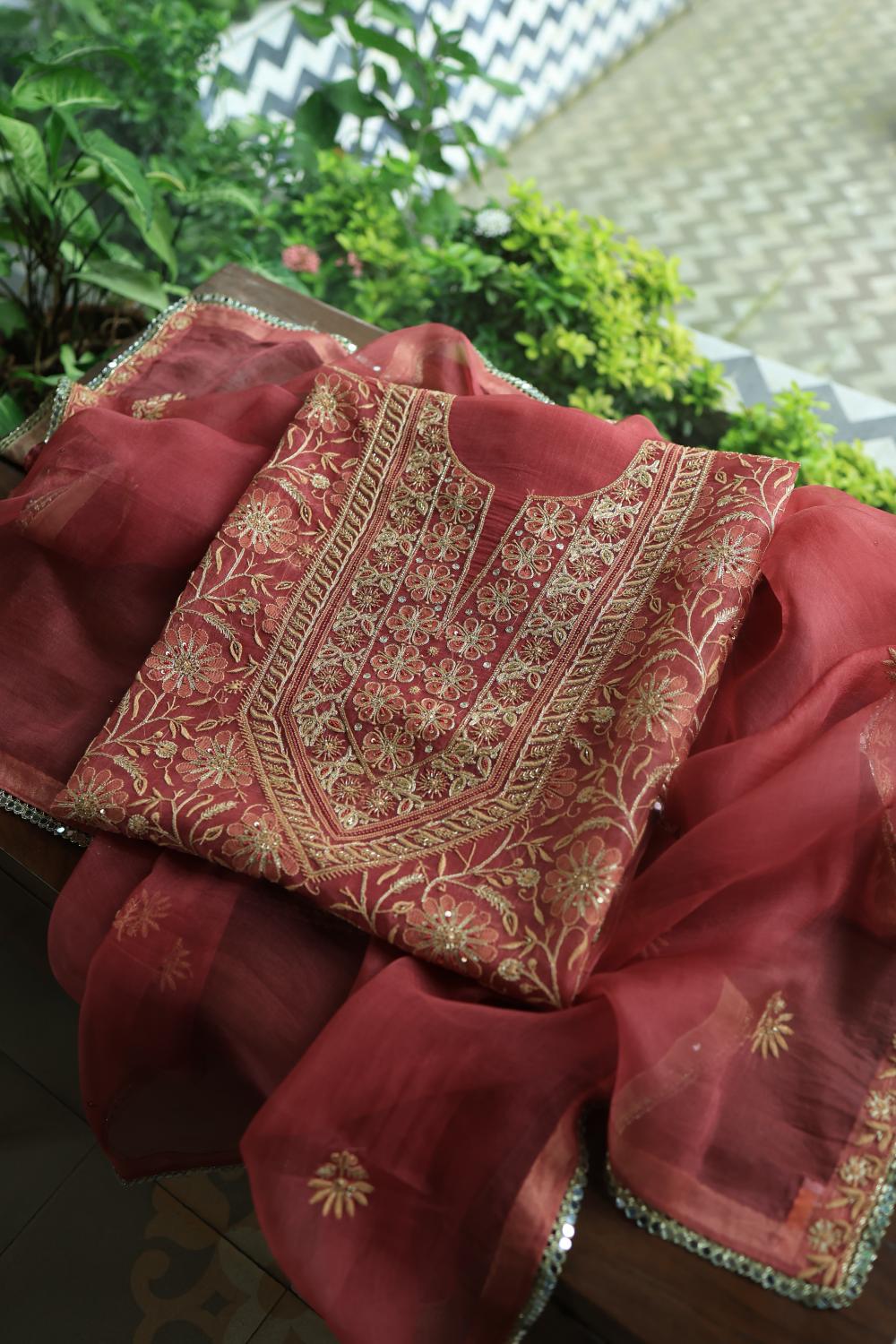Dusty Red Noor Organza Silk Chikankari Unstitched Kurta Dupatta Set