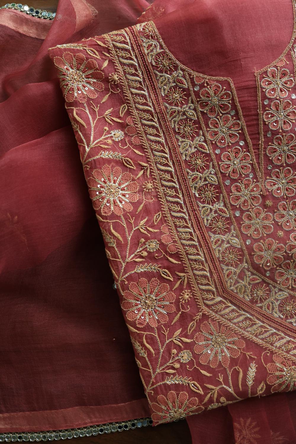 Dusty Red Noor Organza Silk Chikankari Unstitched Kurta Dupatta Set