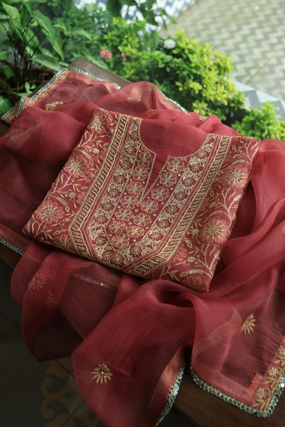Dusty Red Noor Organza Silk Chikankari Unstitched Kurta Dupatta Set
