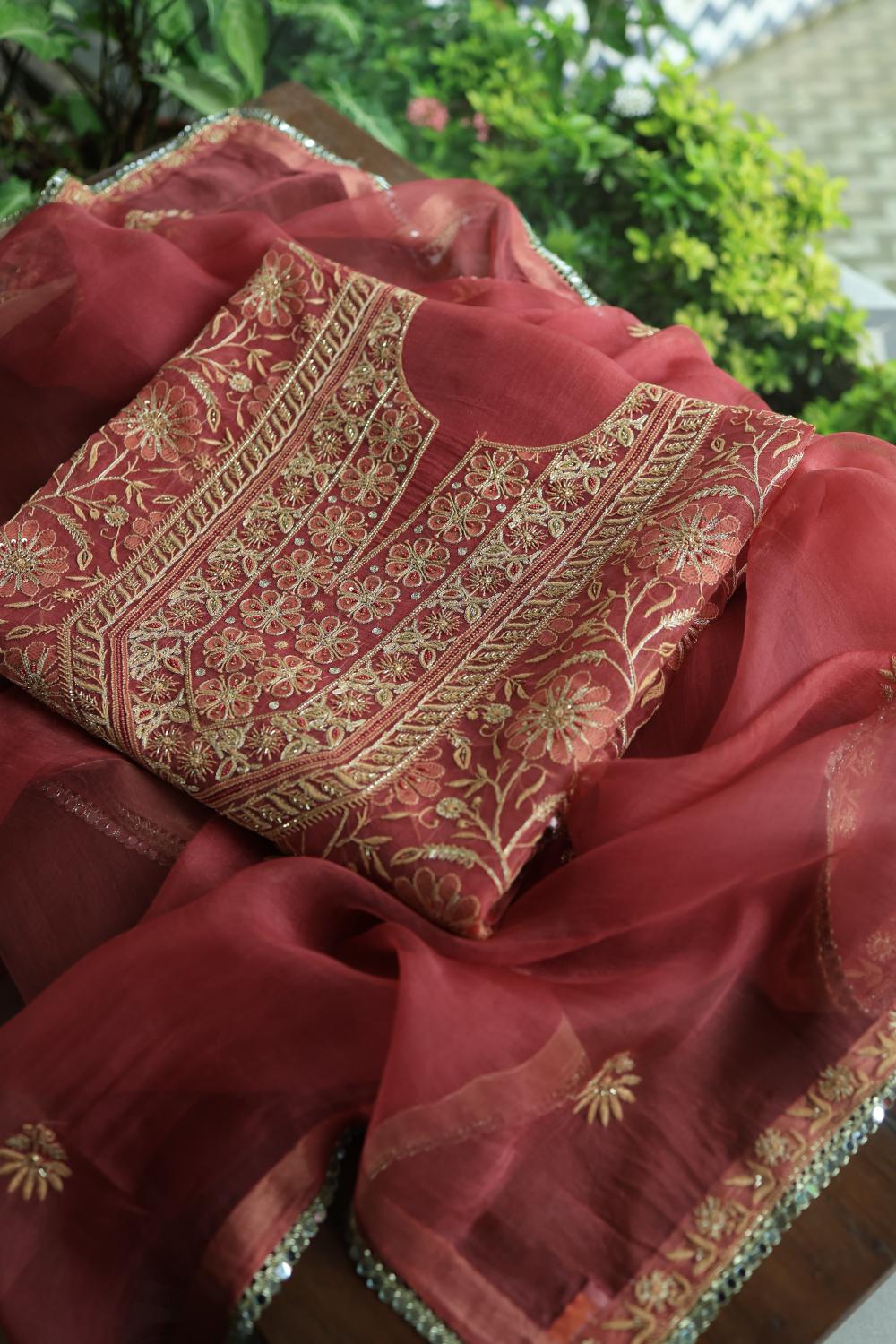 Dusty Red Noor Organza Silk Chikankari Unstitched Kurta Dupatta Set