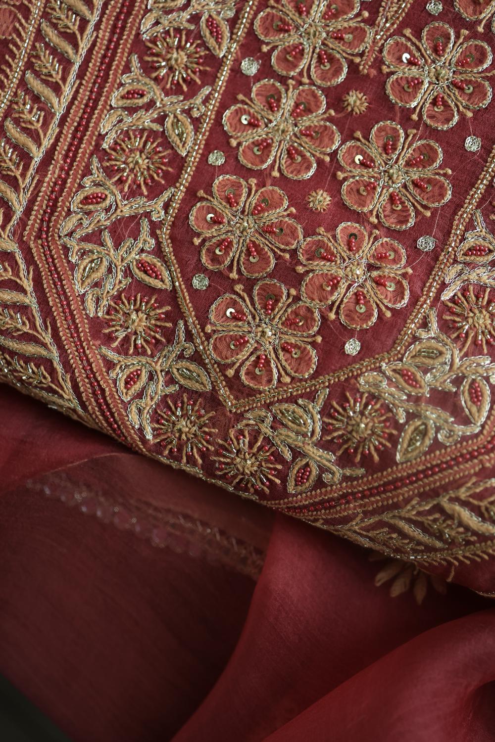 Dusty Red Noor Organza Silk Chikankari Unstitched Kurta Dupatta Set