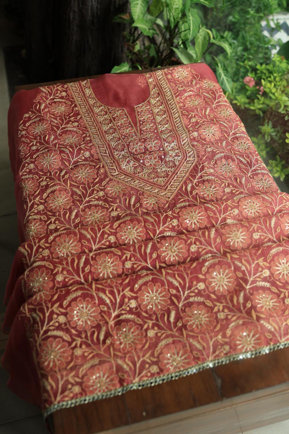 Dusty Red Noor Organza Silk Chikankari Unstitched Kurta Dupatta Set