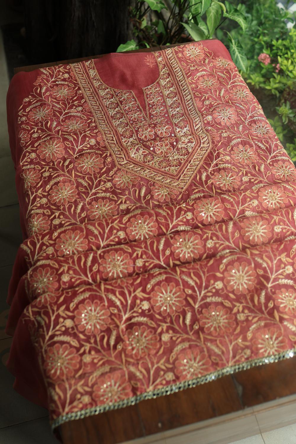 Dusty Red Noor Organza Silk Chikankari Unstitched Kurta Dupatta Set