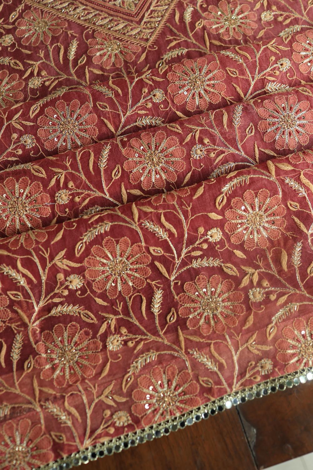 Dusty Red Noor Organza Silk Chikankari Unstitched Kurta Dupatta Set
