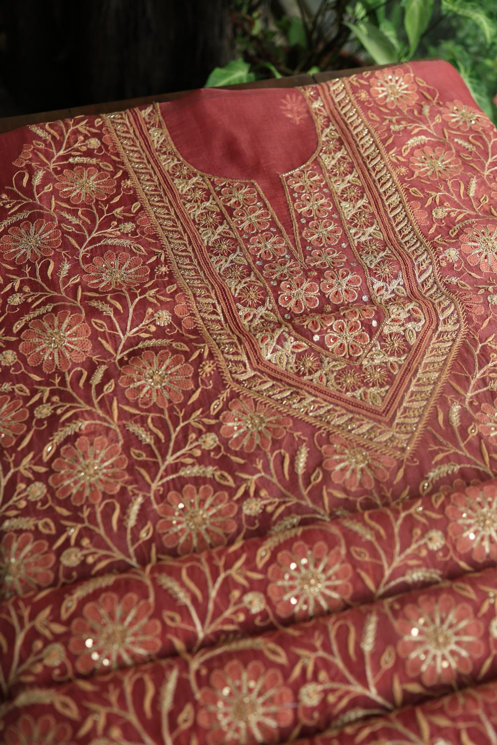 Dusty Red Noor Organza Silk Chikankari Unstitched Kurta Dupatta Set