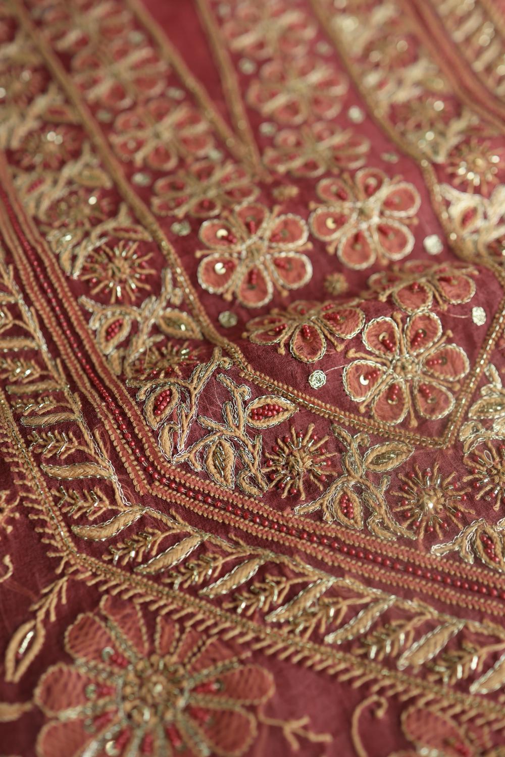 Dusty Red Noor Organza Silk Chikankari Unstitched Kurta Dupatta Set