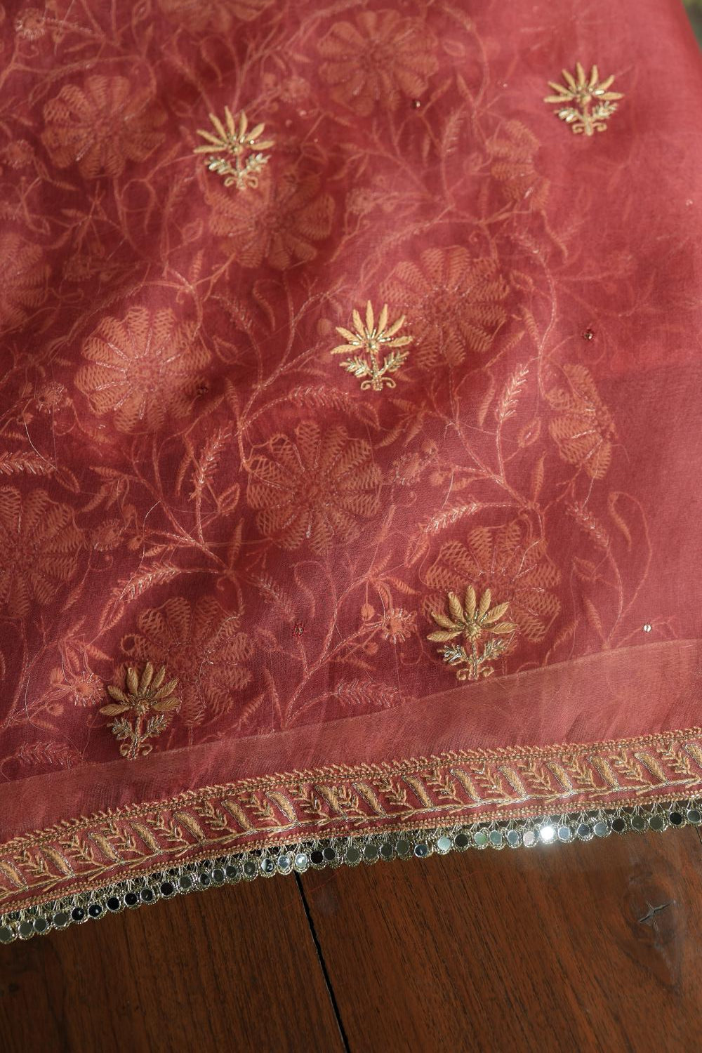 Dusty Red Noor Organza Silk Chikankari Unstitched Kurta Dupatta Set